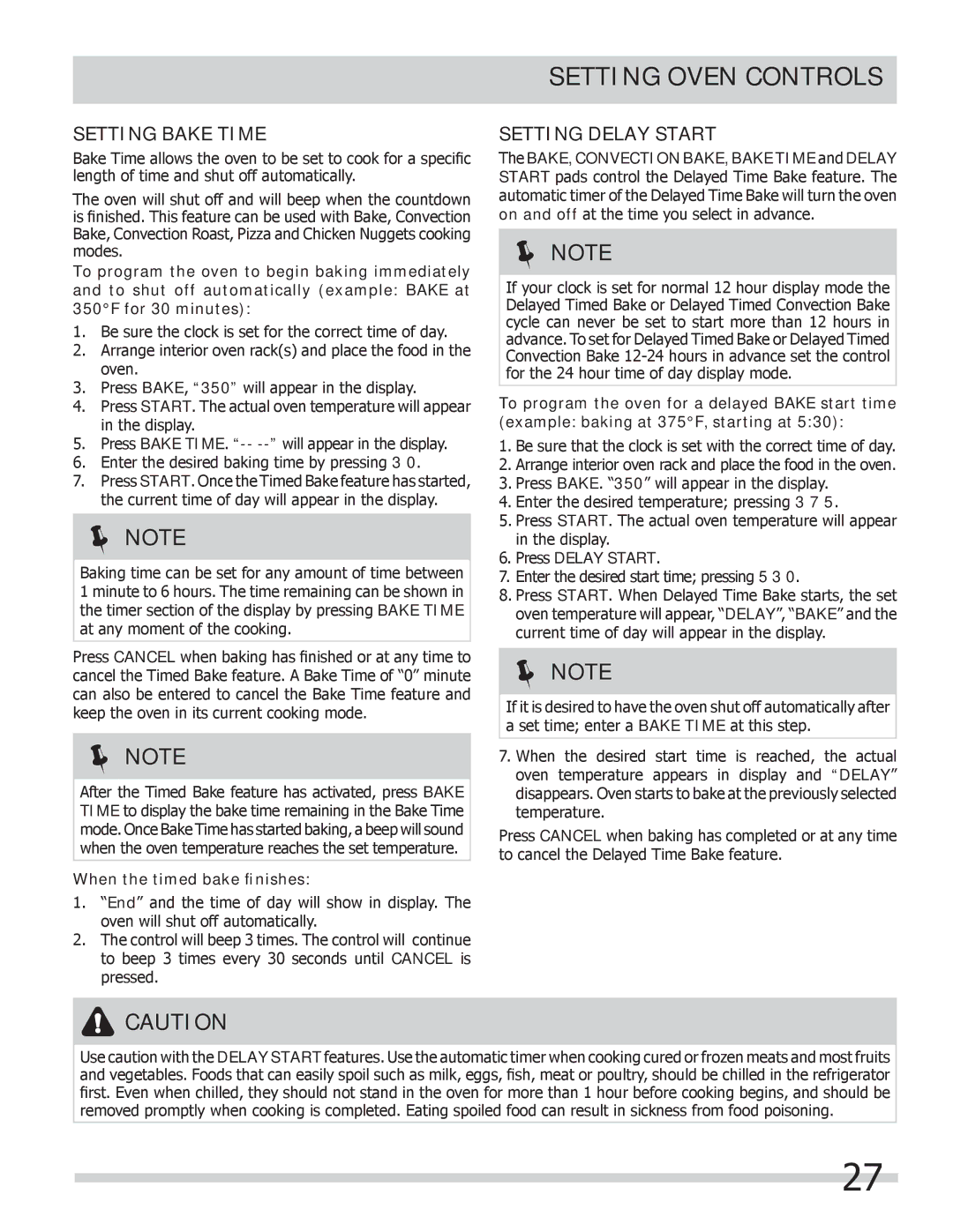 Frigidaire FPCS3085LF manual Setting Bake Time, Setting Delay Start, BAKE, Convection BAKE, Bake Time and Delay 