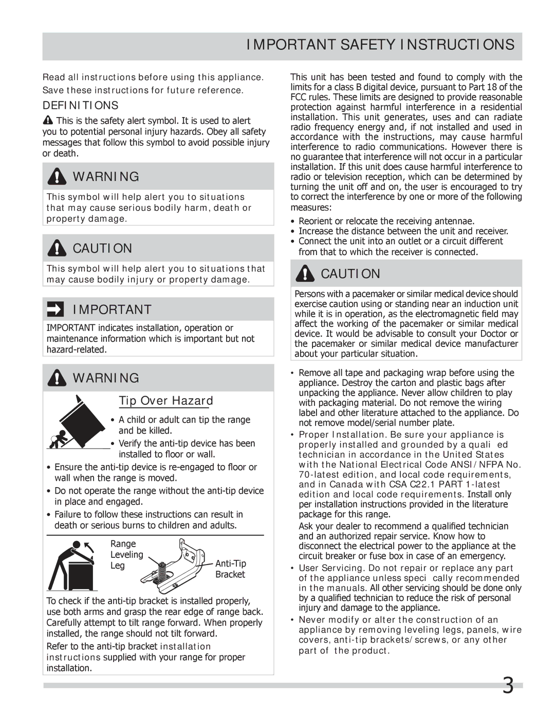 Frigidaire FPCS3085LF manual Important Safety Instructions, Definitions 