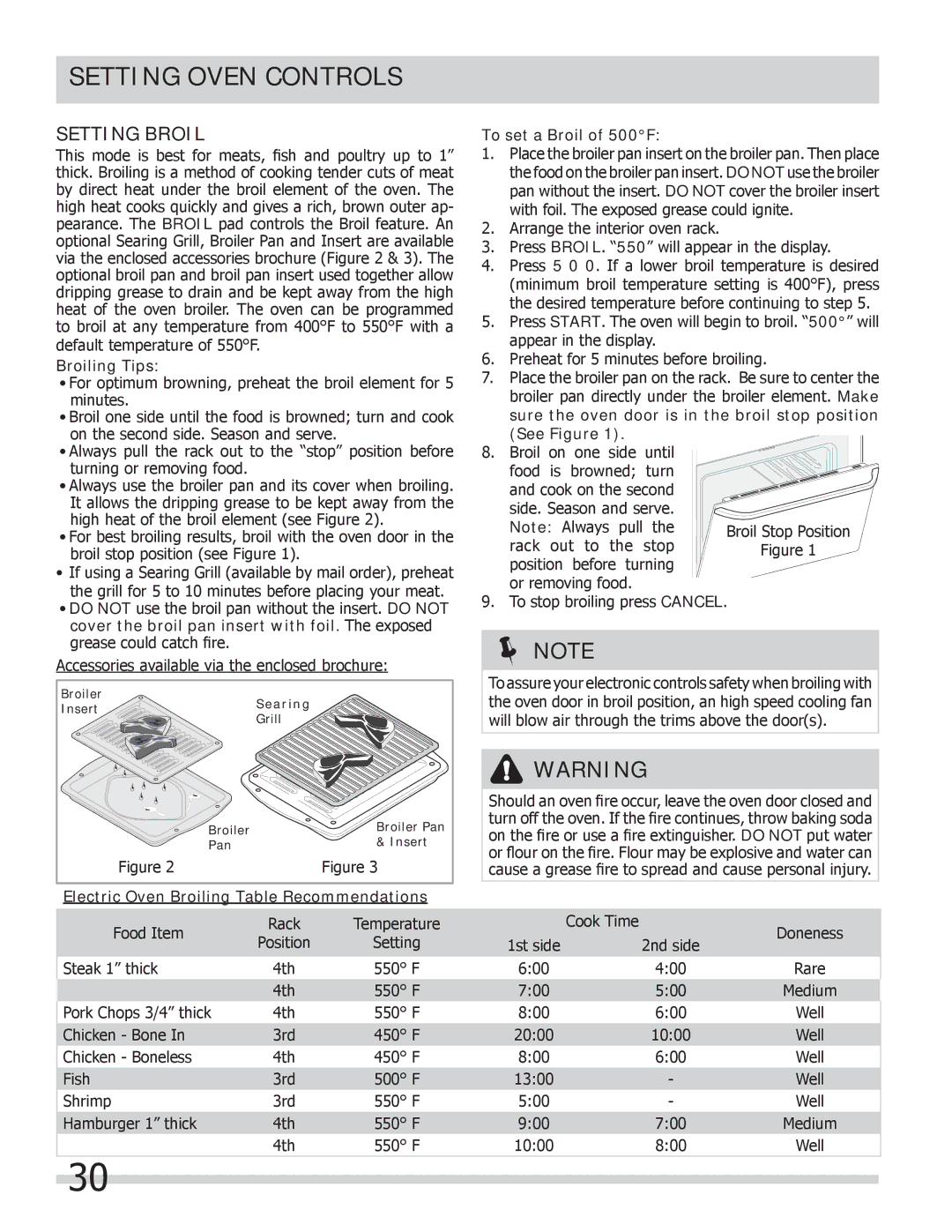 Frigidaire FPCS3085LF Setting Broil, Broiling Tips, Electric Oven Broiling Table Recommendations, To set a Broil of 500F 