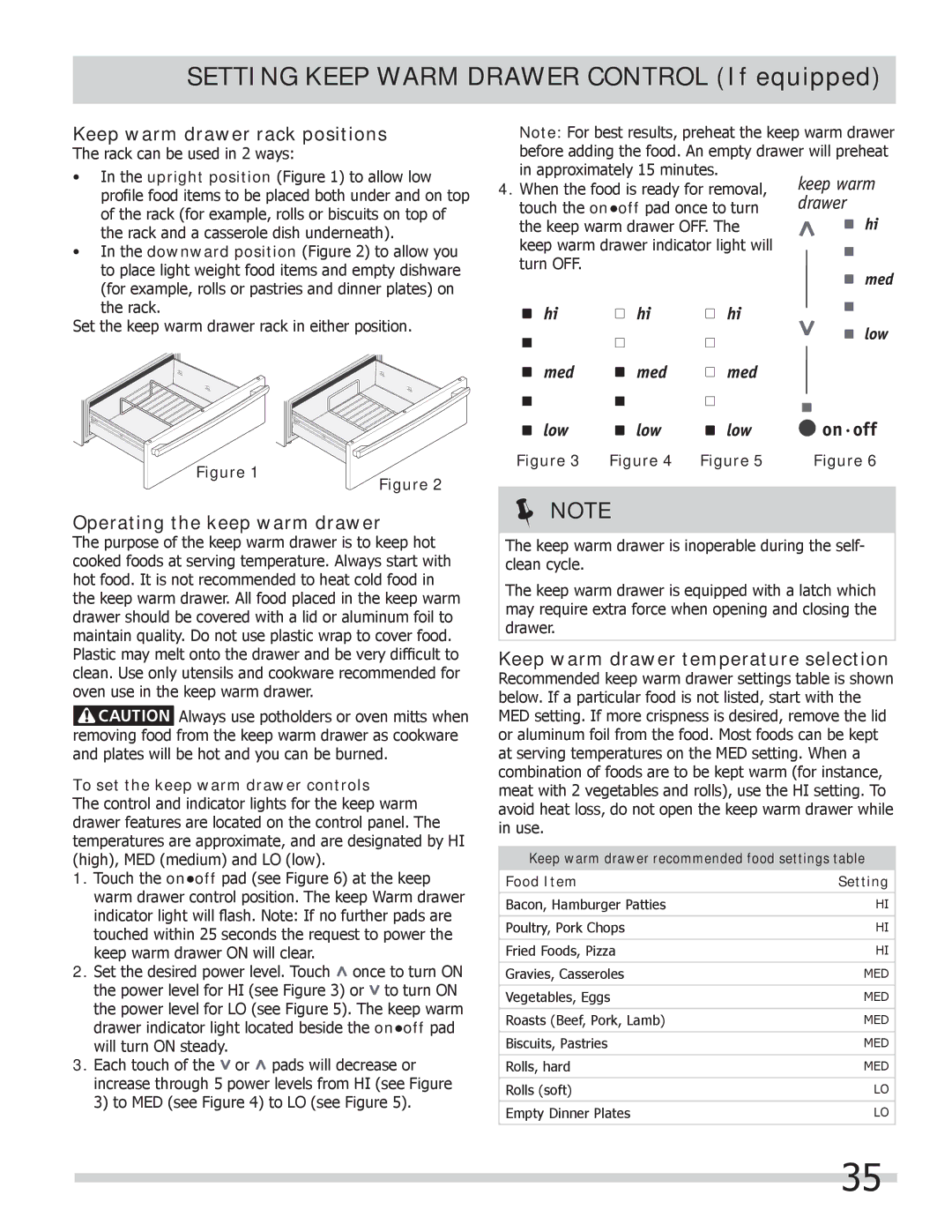 Frigidaire FPCS3085LF manual Keep warm drawer rack positions, Operating the keep warm drawer 