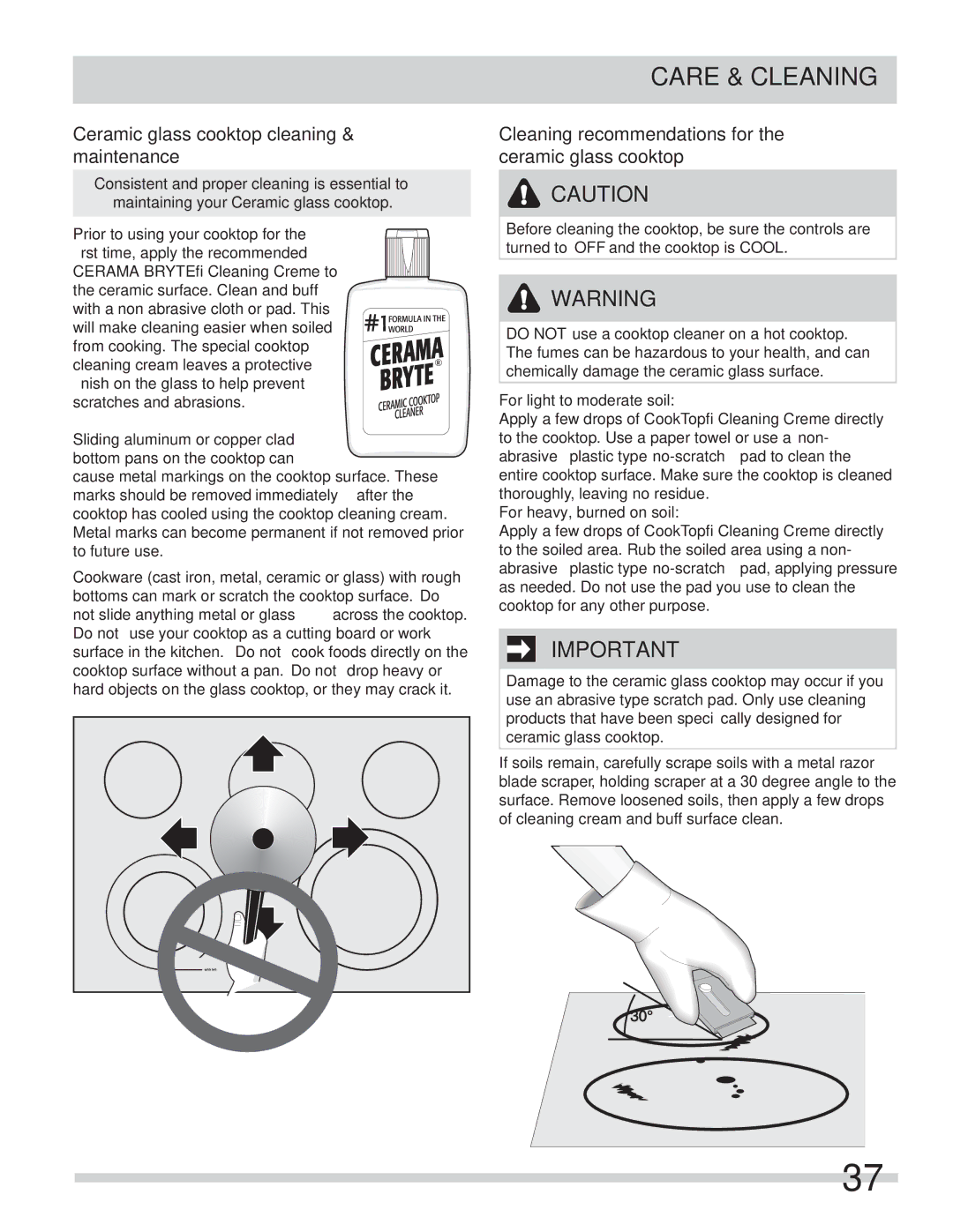 Frigidaire FPCS3085LF manual Care & Cleaning, Ceramic glass cooktop cleaning & maintenance, For light to moderate soil 