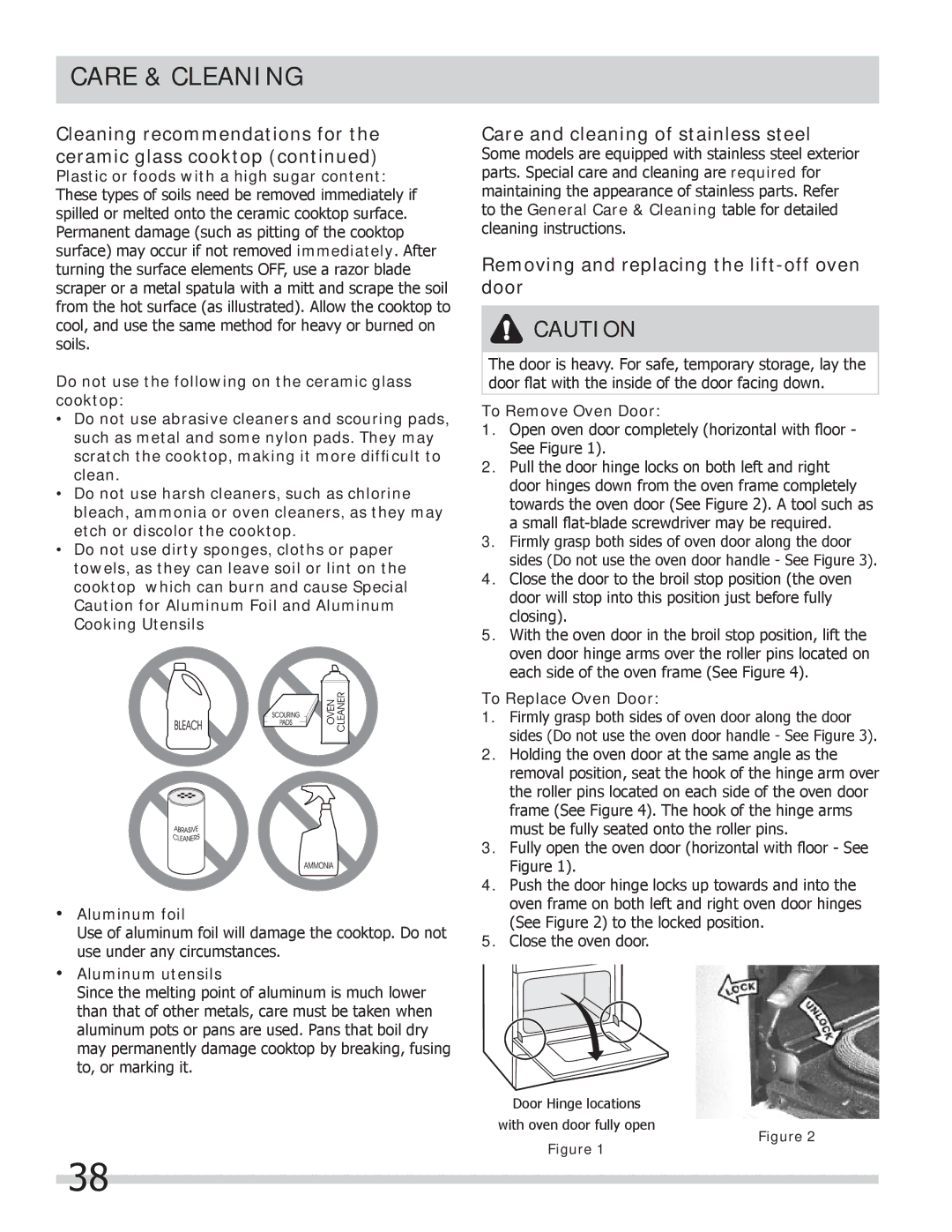 Frigidaire FPCS3085LF manual Care and cleaning of stainless steel, Removing and replacing the lift-off oven door 