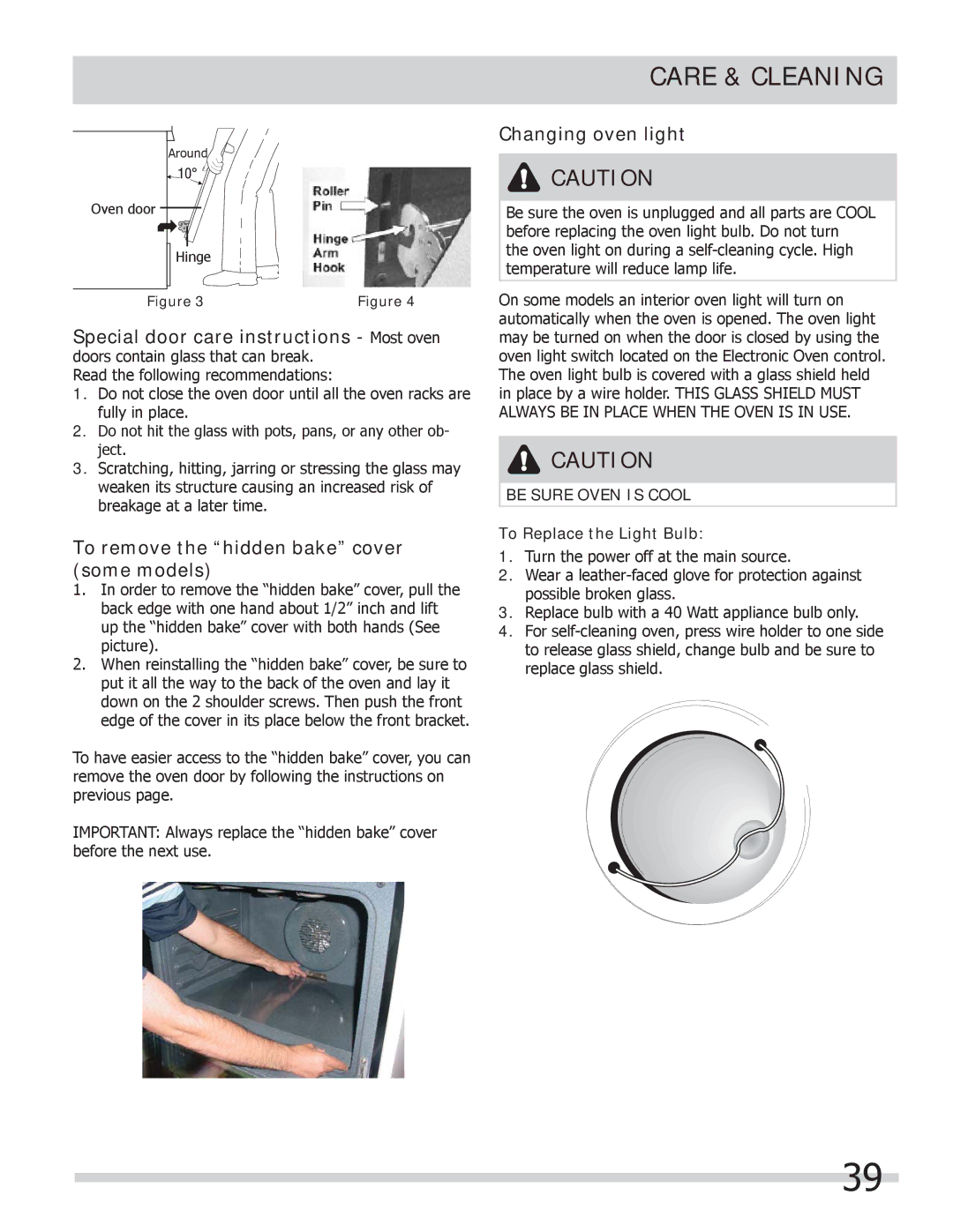 Frigidaire FPCS3085LF manual To remove the hidden bake cover some models, Changing oven light, Be Sure Oven is Cool 