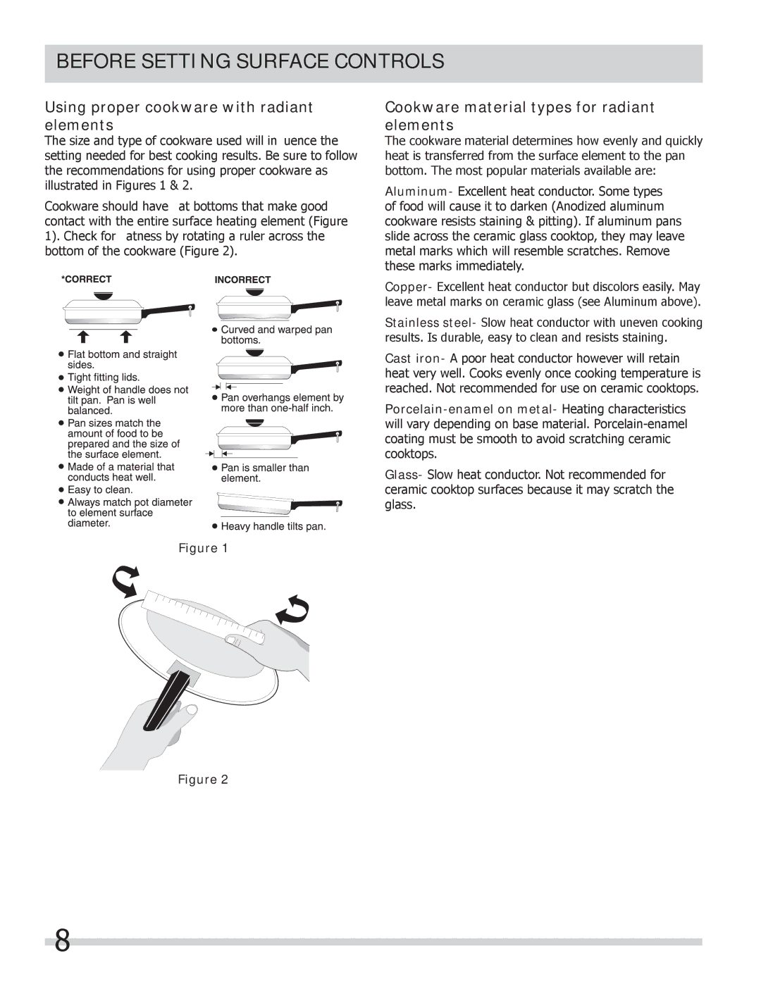 Frigidaire FPCS3085LF manual Using proper cookware with radiant elements, Cookware material types for radiant elements 