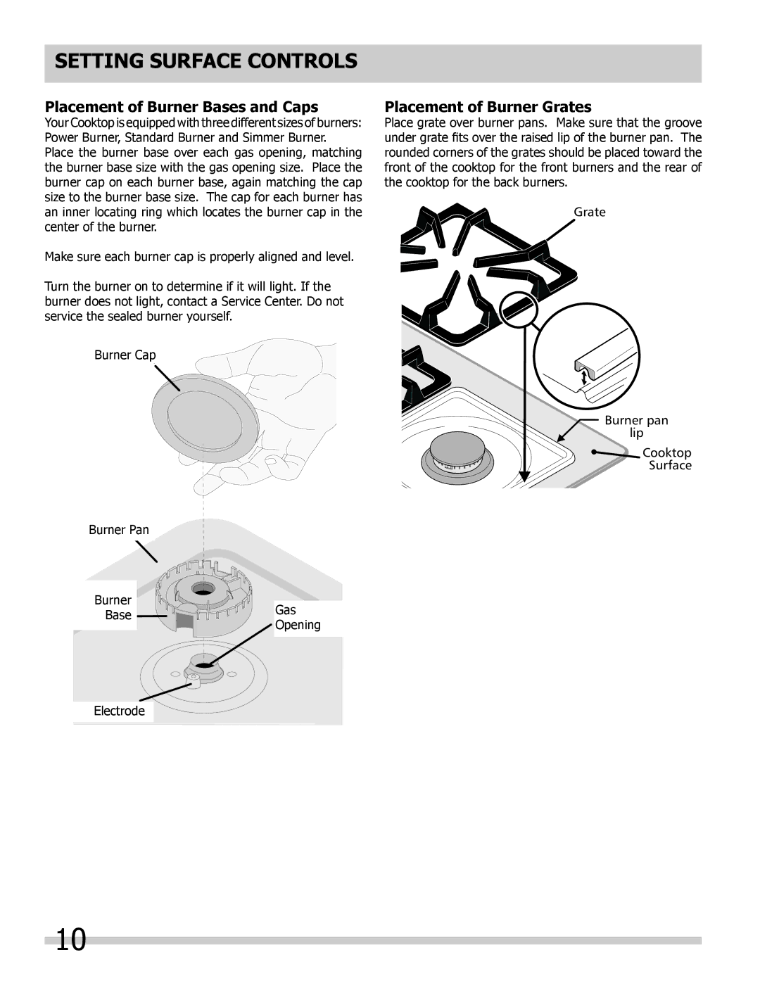 Frigidaire FPDF4085KF Setting surface controls, Placement of Burner Bases and Caps, Placement of Burner Grates 