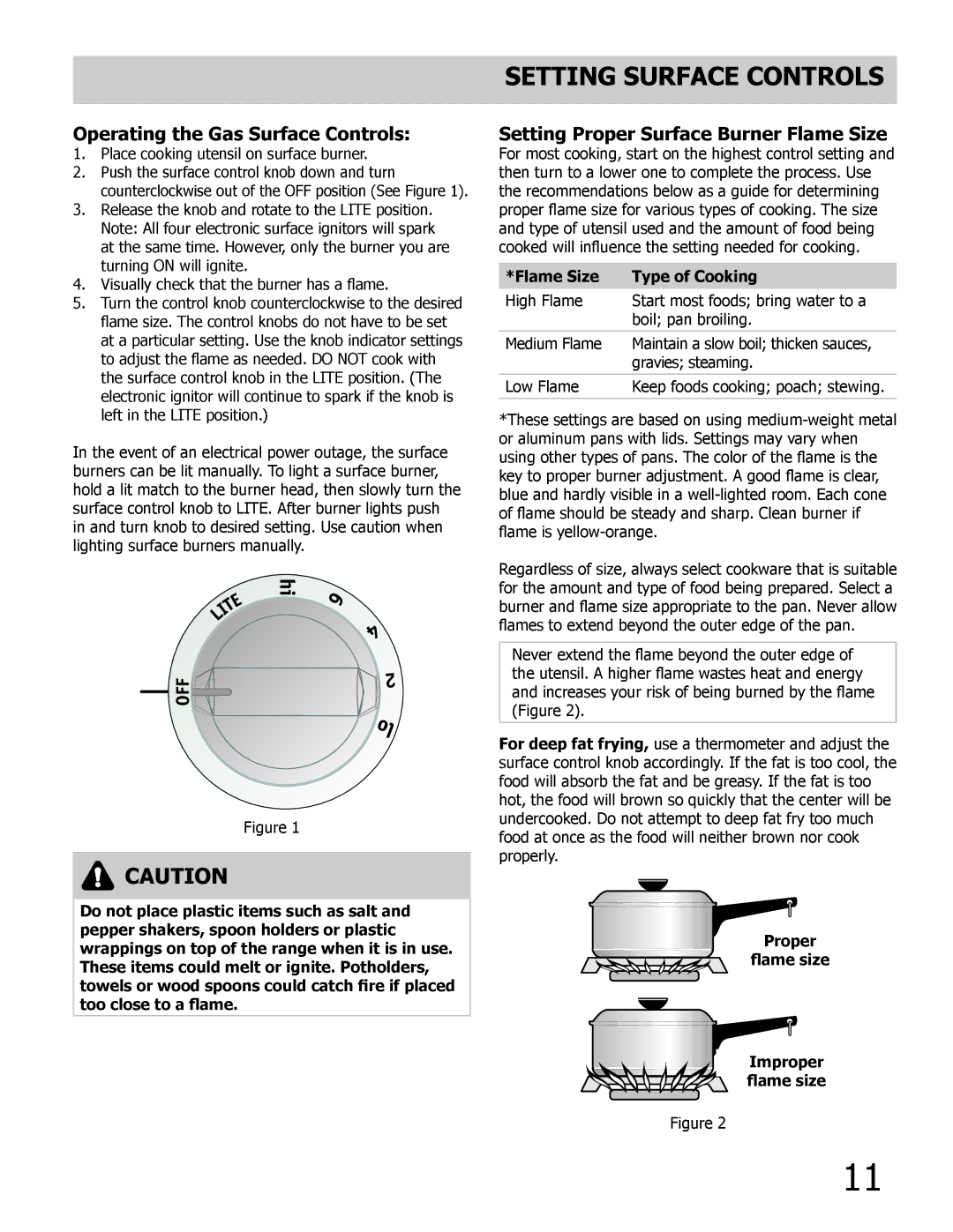 Frigidaire FPDF4085KF Operating the Gas Surface Controls, Setting Proper Surface Burner Flame Size, Improper, Flame size 