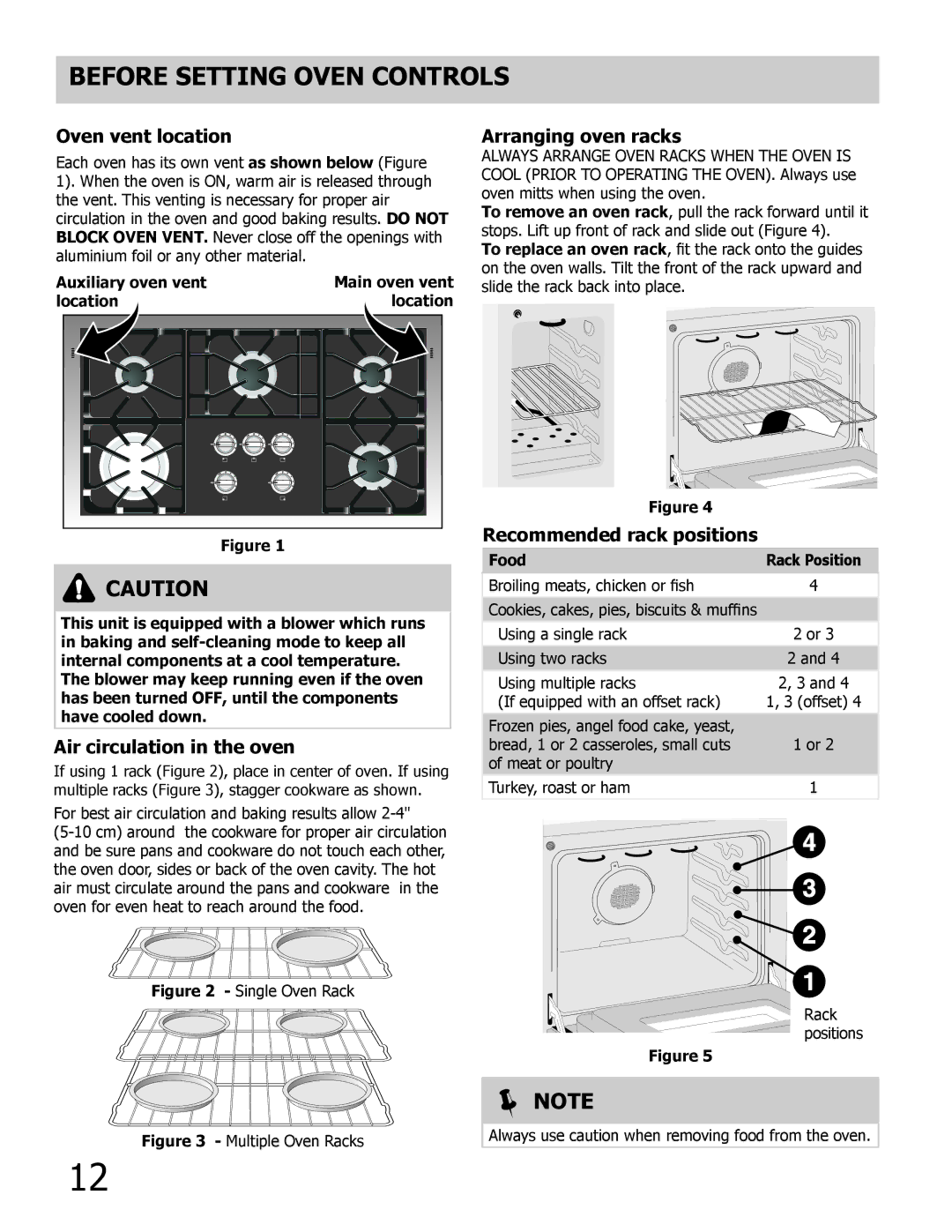 Frigidaire FPDF4085KF Oven vent location, Air circulation in the oven, Arranging oven racks, Recommended rack positions 