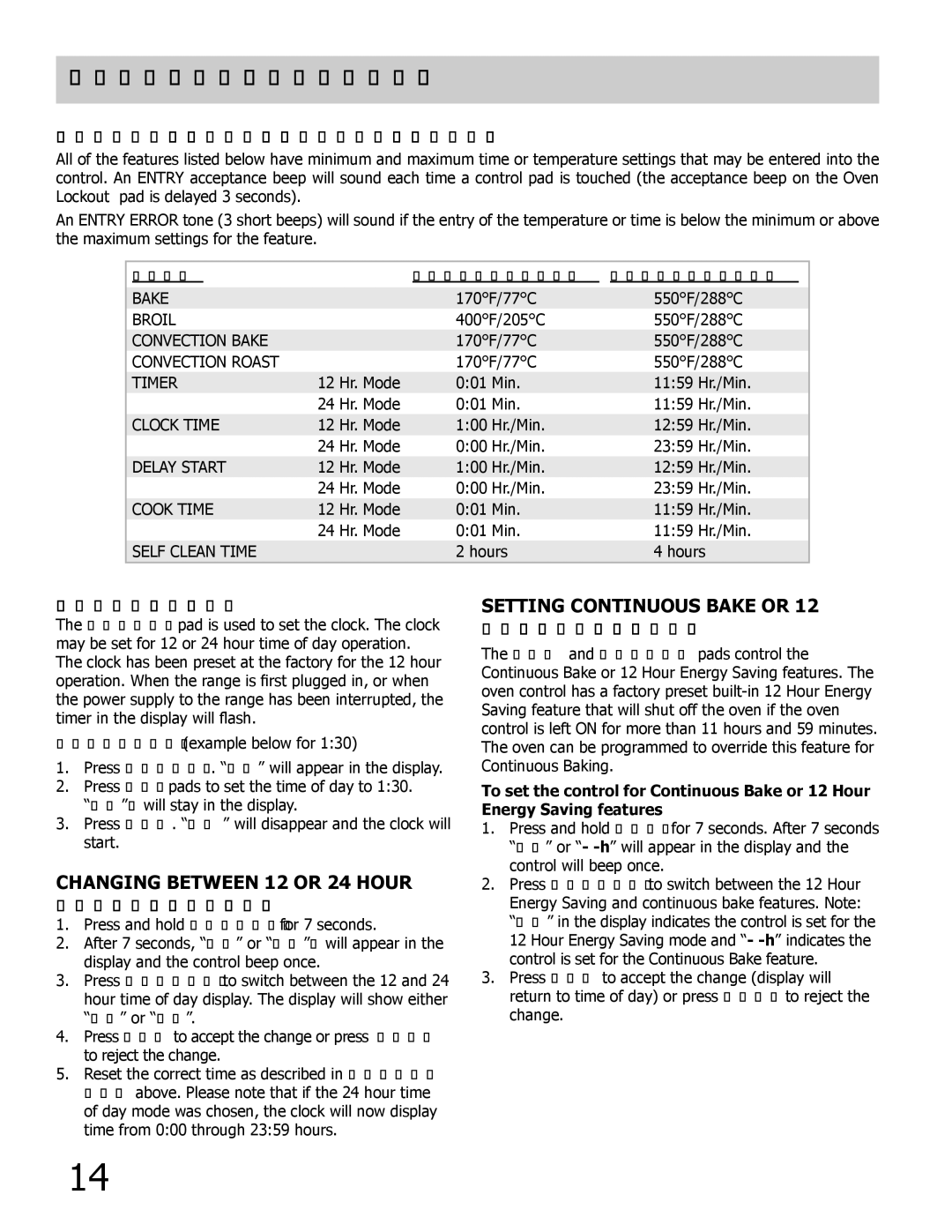 Frigidaire FPDF4085KF important safety instructions Minimum and Maximum Control Pad Settings, Setting the Clock 