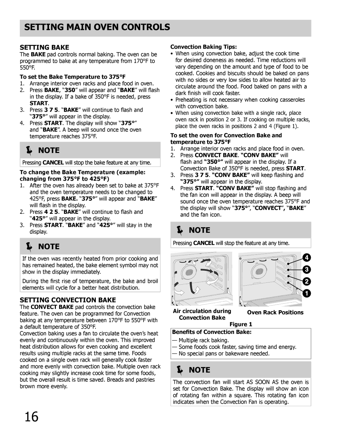 Frigidaire FPDF4085KF important safety instructions Setting Bake, Setting Convection Bake, Start 