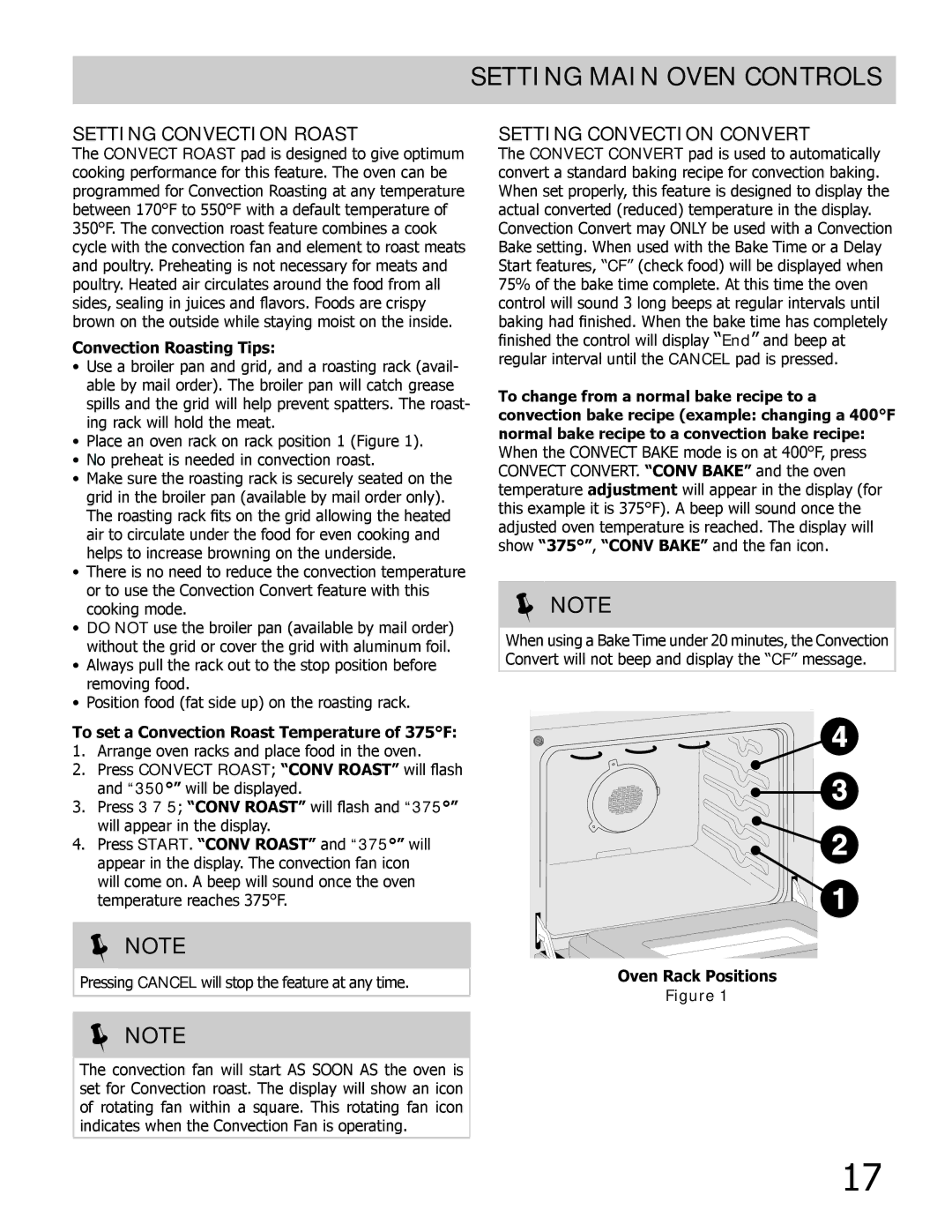 Frigidaire FPDF4085KF Setting Convection Roast, Setting Convection Convert, Convection Roasting Tips 