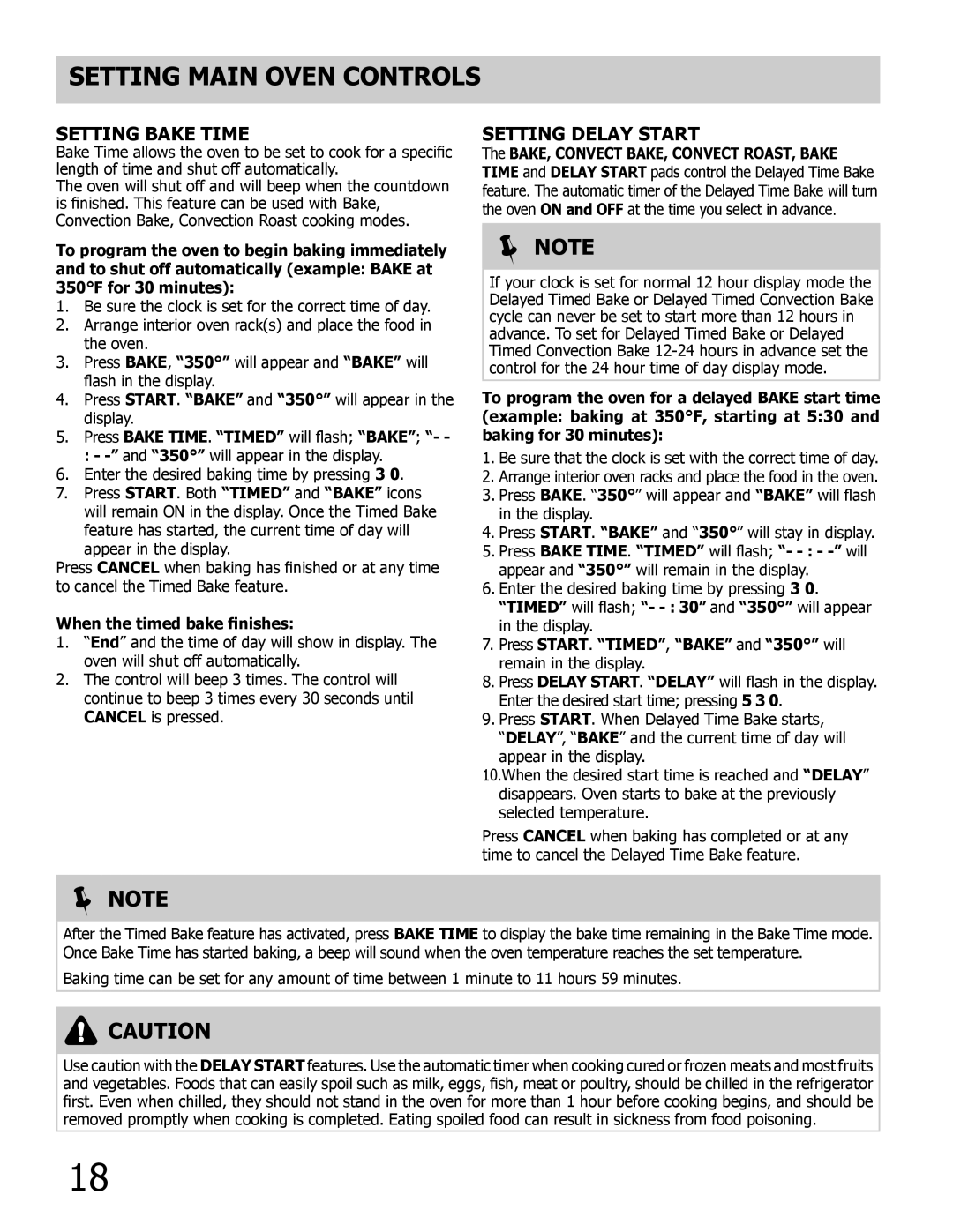 Frigidaire FPDF4085KF important safety instructions Setting Bake Time, Setting Delay Start, When the timed bake finishes 