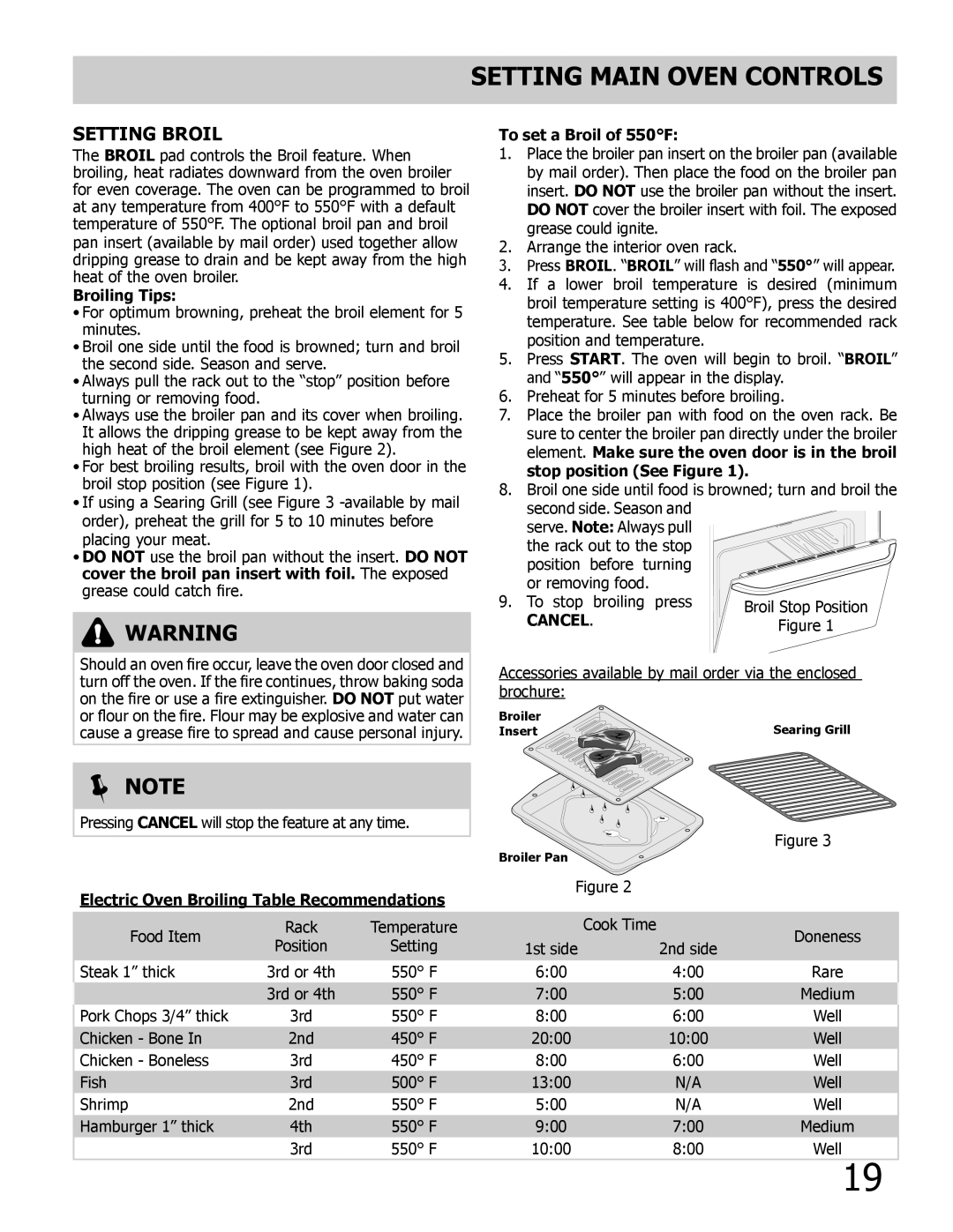 Frigidaire FPDF4085KF Broiling Tips, To set a Broil of 550F, Cancel, Electric Oven Broiling Table Recommendations 