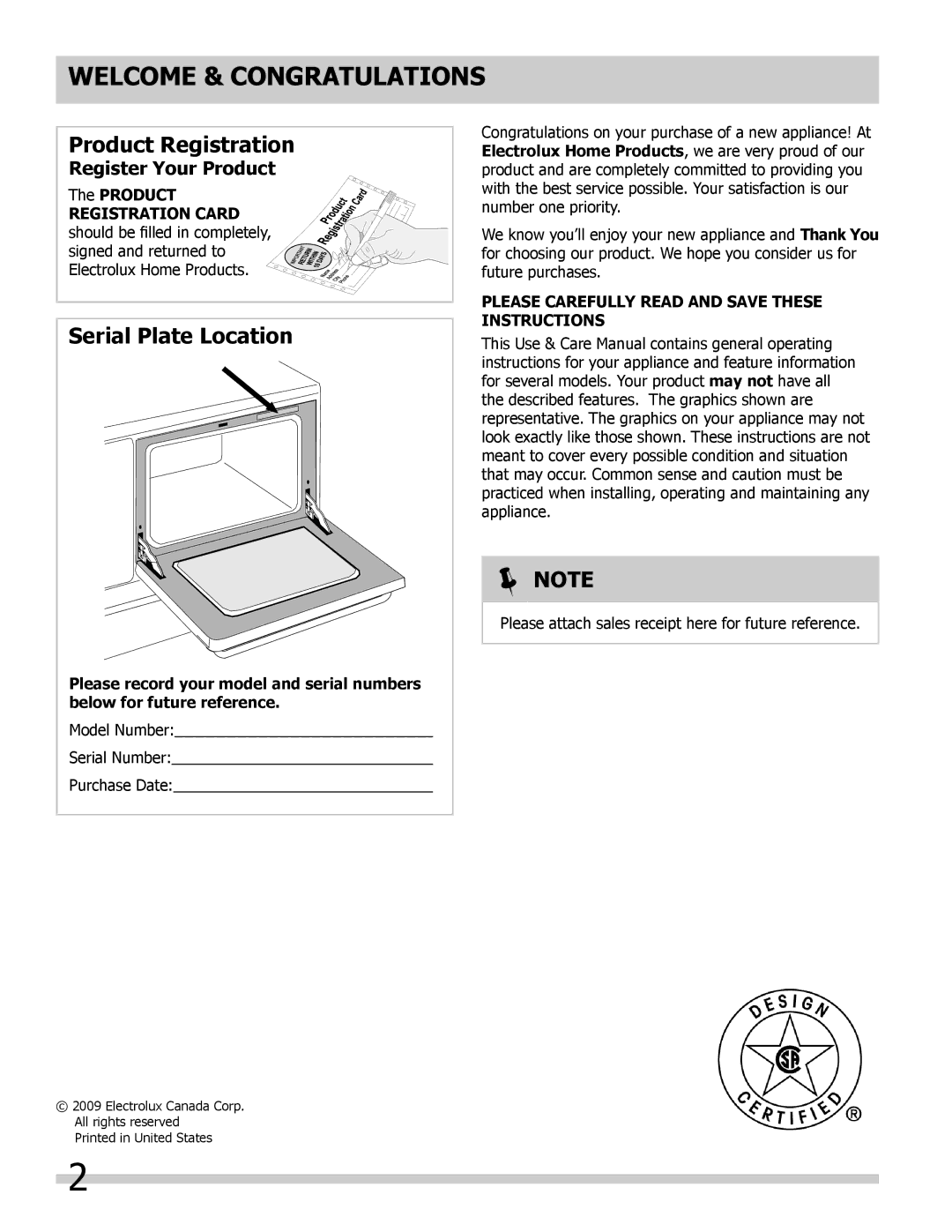 Frigidaire FPDF4085KF Welcome & Congratulations, Register Your Product, Please Carefully read and save these instructions 