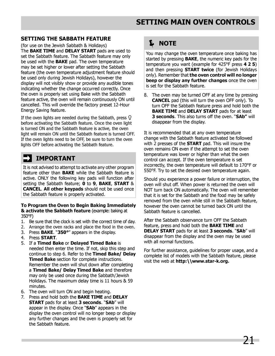 Frigidaire FPDF4085KF important safety instructions Setting the Sabbath Feature 