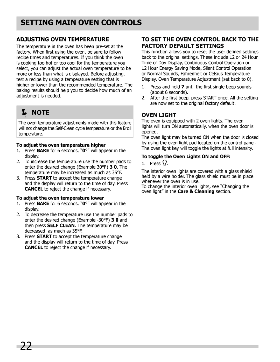 Frigidaire FPDF4085KF Adjusting Oven Temperature, Oven light, To adjust the oven temperature higher 