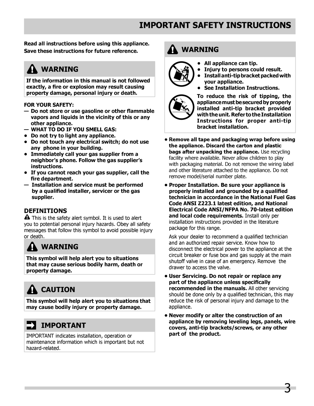 Frigidaire FPDF4085KF Important Safety Instructions, Definitions, For Your Safety, What to do if YOU Smell GAS 