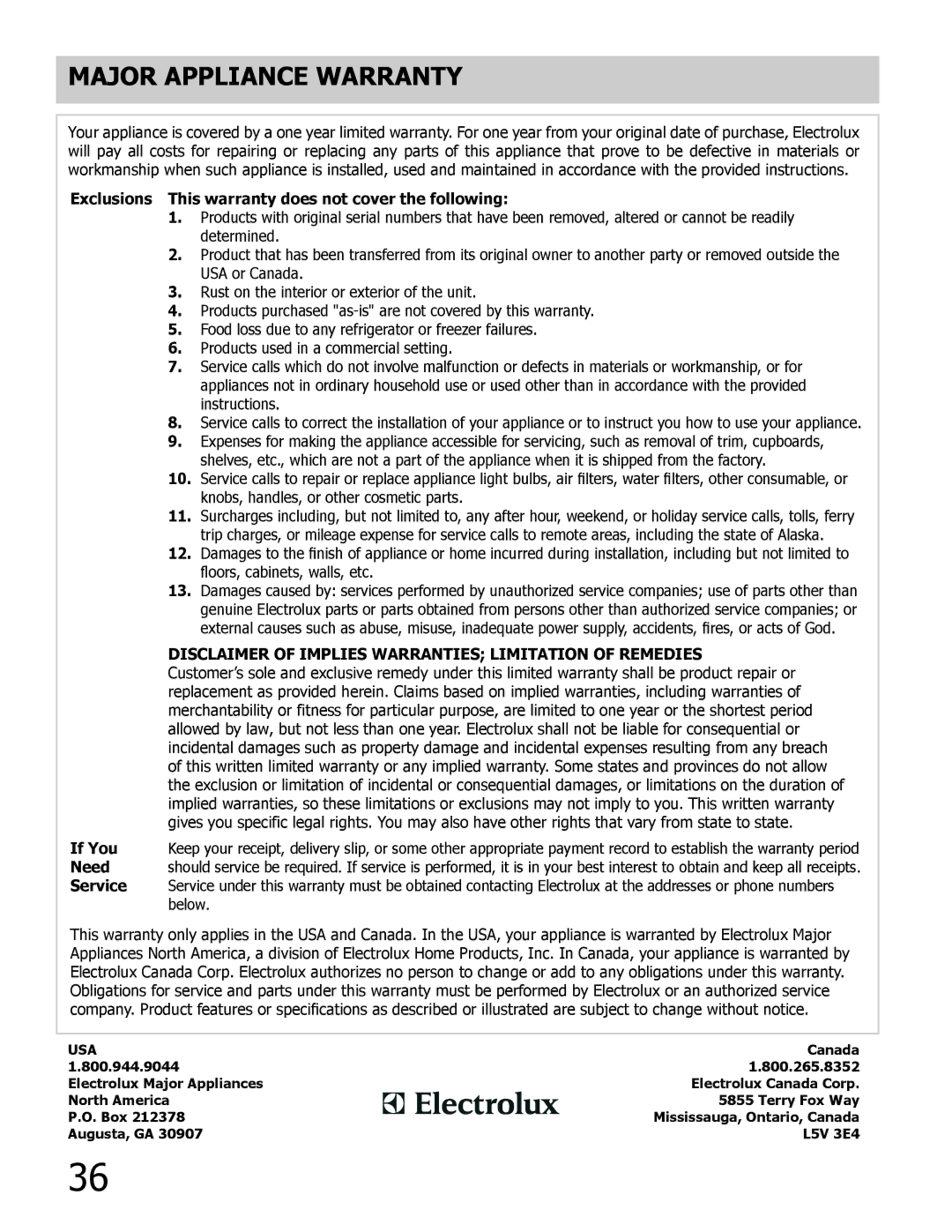 Frigidaire FPDF4085KF important safety instructions Exclusions This warranty does not cover the following 