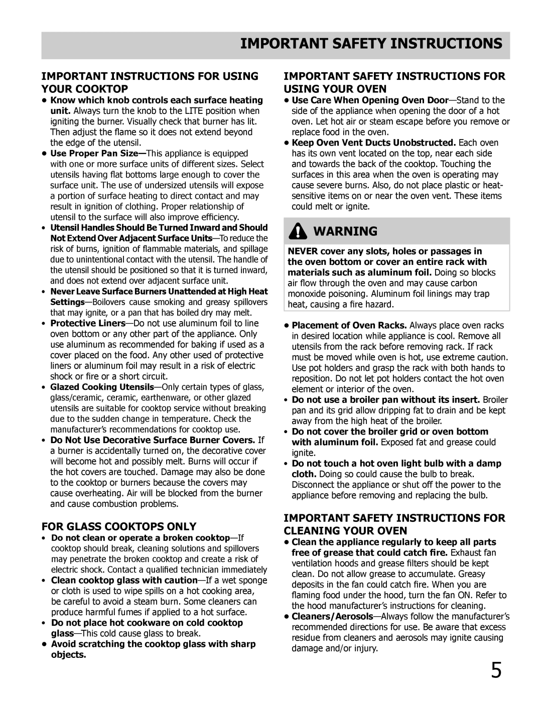 Frigidaire FPDF4085KF Important Instructions for Using Your cooktop, Important Safety Instructions for Using Your Oven 