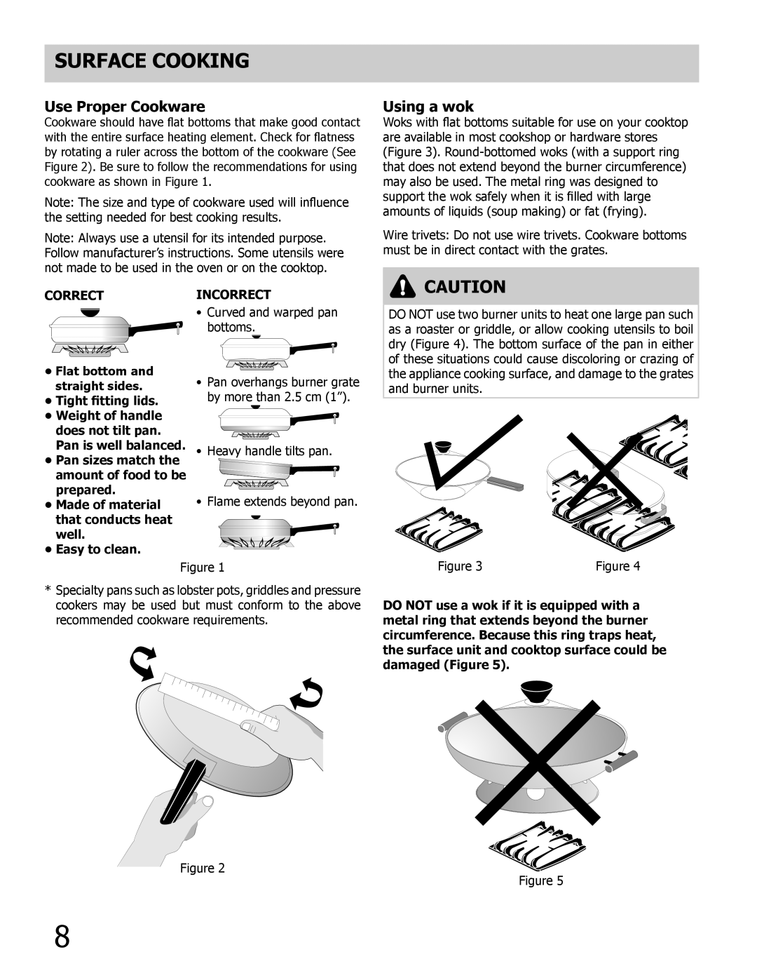 Frigidaire FPDF4085KF important safety instructions Surface cooking, Use Proper Cookware, Using a wok, Correctincorrect 