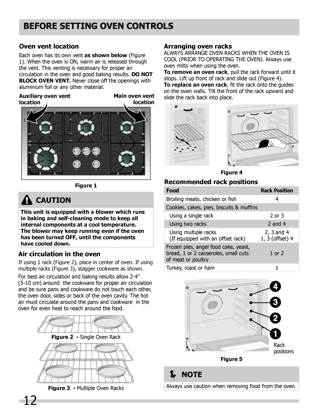Frigidaire FPDF4085KF Before Setting Oven Controls, Oven vent location, Air circulation in the oven, Arranging oven racks 