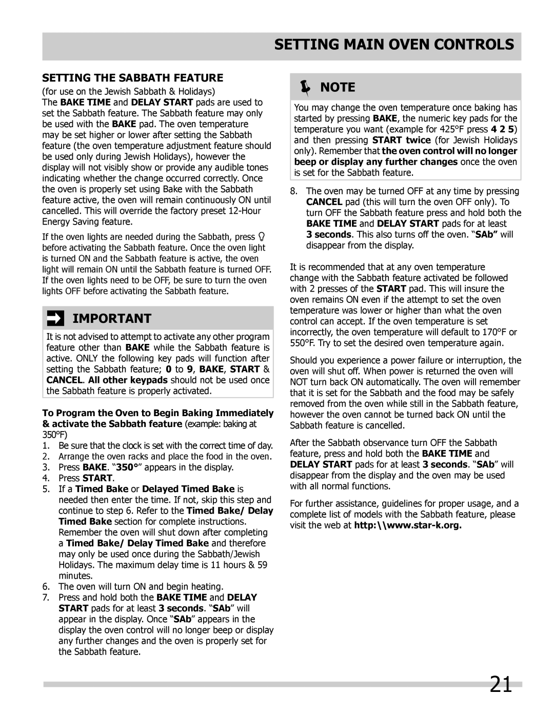 Frigidaire FPDF4085KF important safety instructions SETTING the Sabbath Feature, Setting Main Oven Controls, Note 