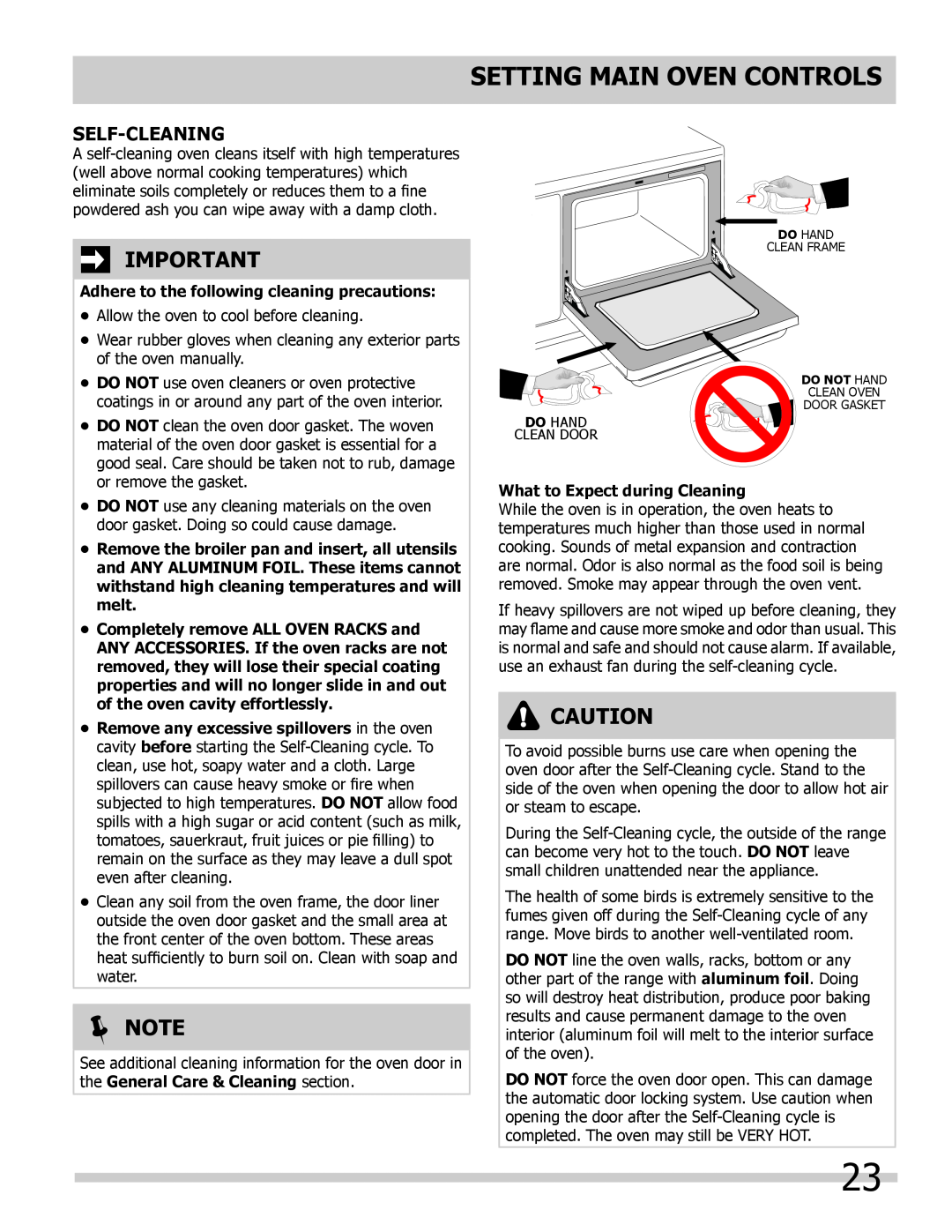 Frigidaire FPDF4085KF important safety instructions SETTING main OVEN CONTROLS, Self-cleaning, Note 