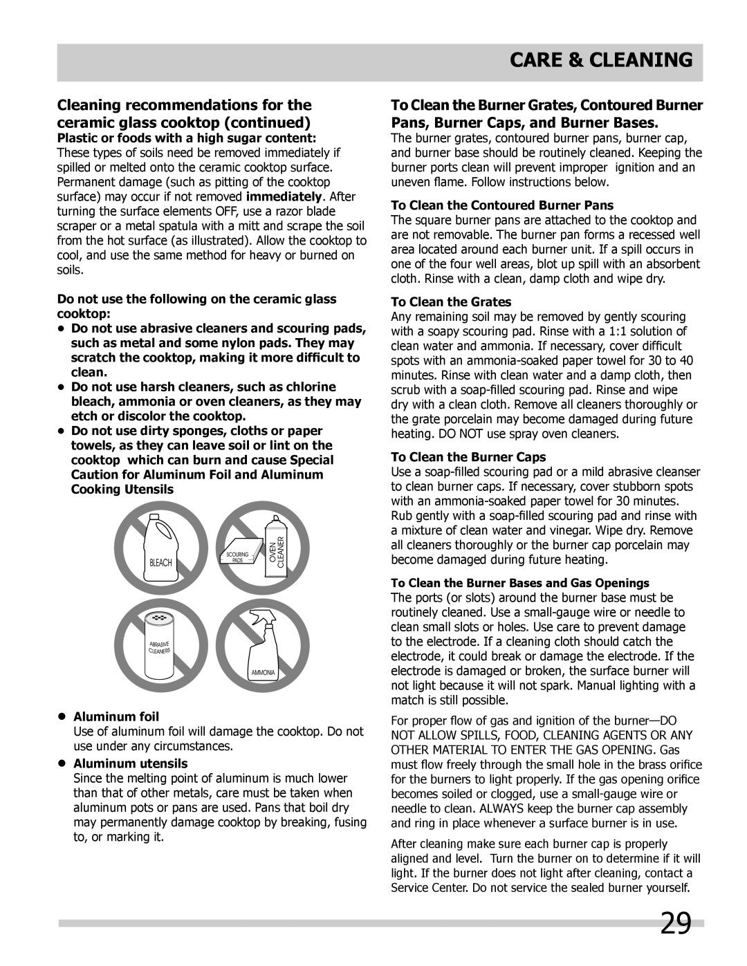 Frigidaire FPDF4085KF important safety instructions Care & Cleaning, Aluminum foil 