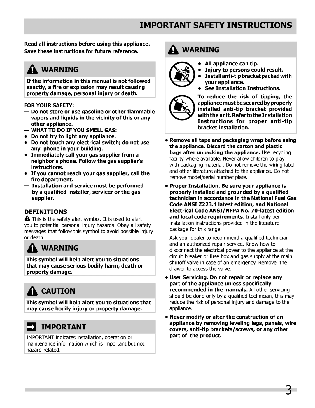 Frigidaire FPDF4085KF important safety instructions Important Safety Instructions, Definitions 