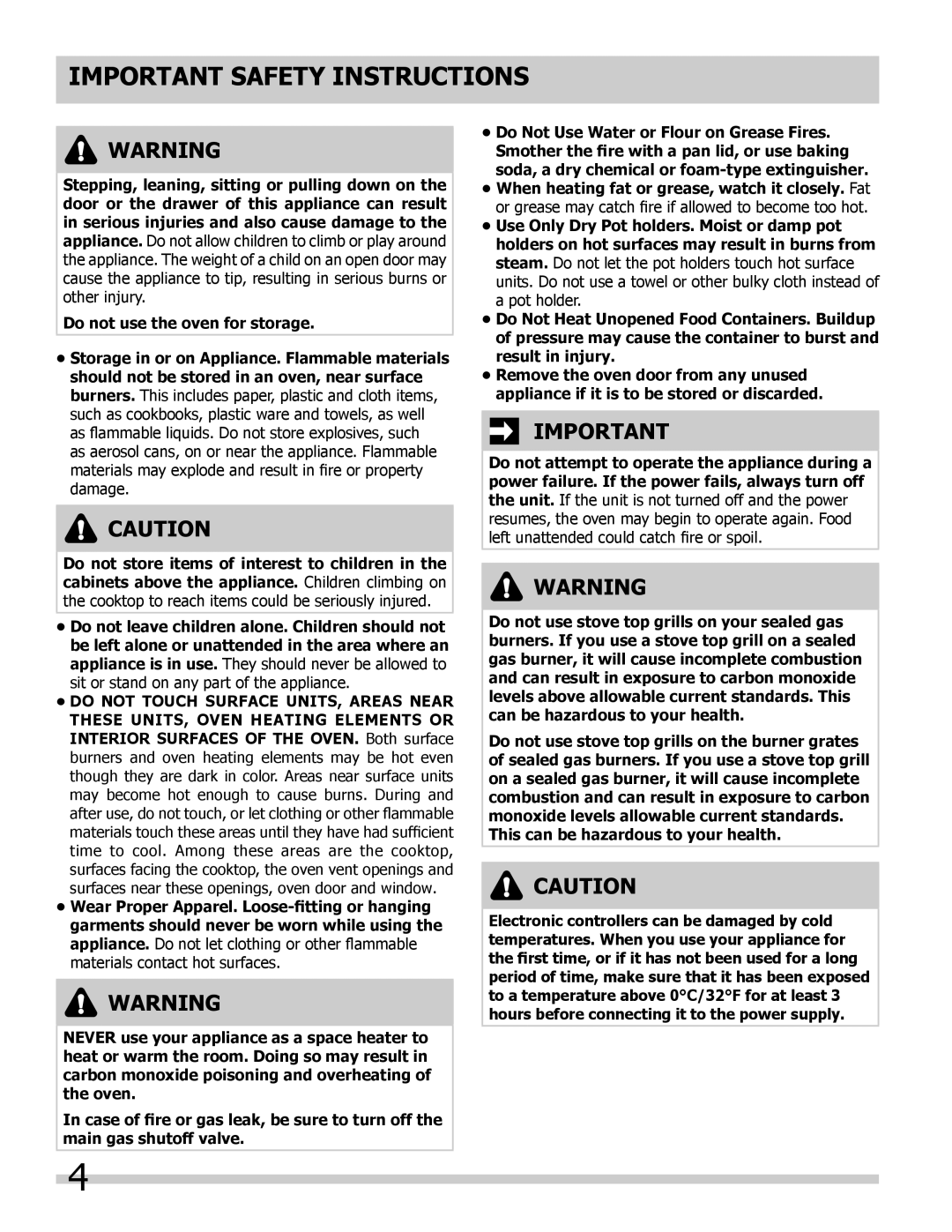 Frigidaire FPDF4085KF important safety instructions Important Safety Instructions, Do not use the oven for storage 
