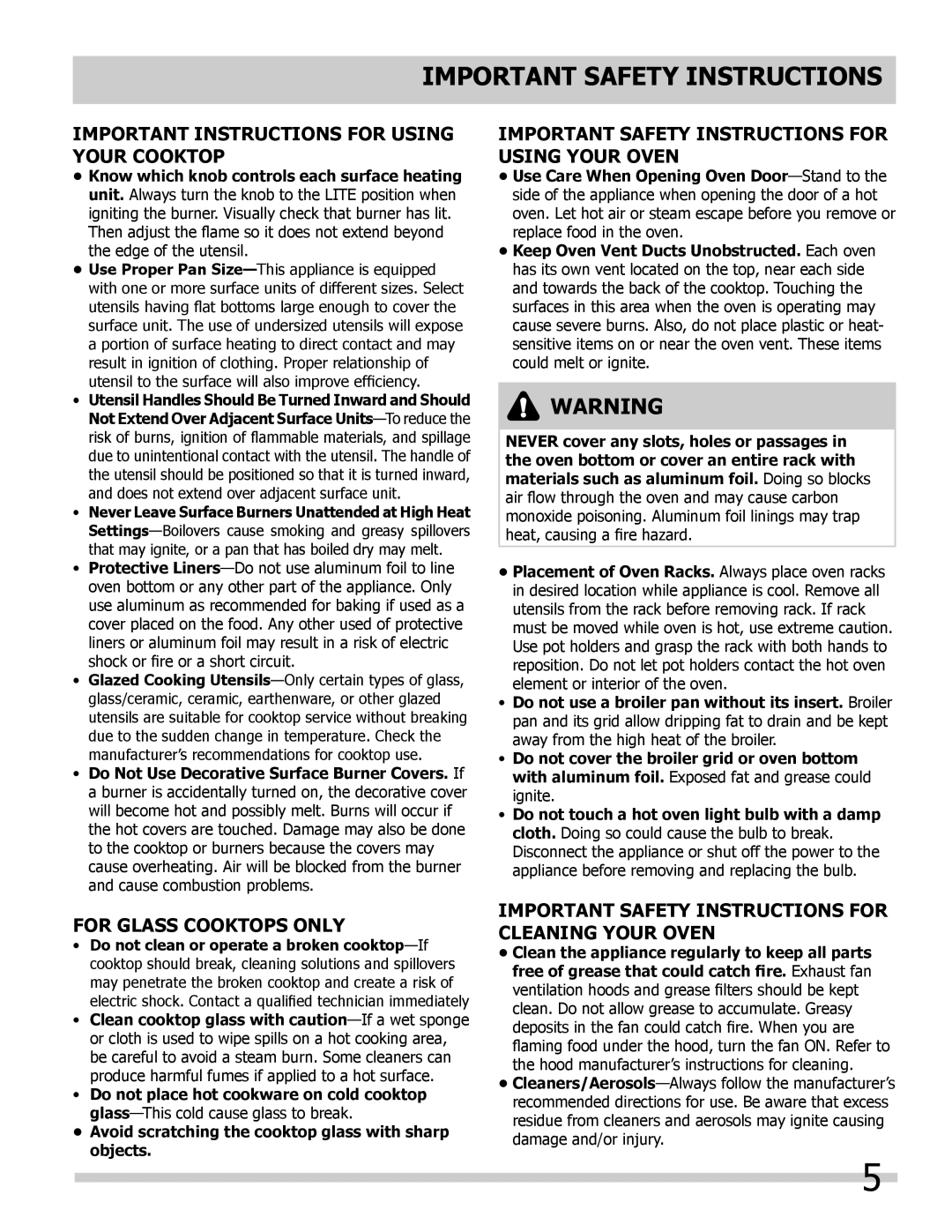 Frigidaire FPDF4085KF IMPORTANT INSTRUCTIONS FOR USING YOUR cooktop, Important Safety Instructions For Using Your Oven 