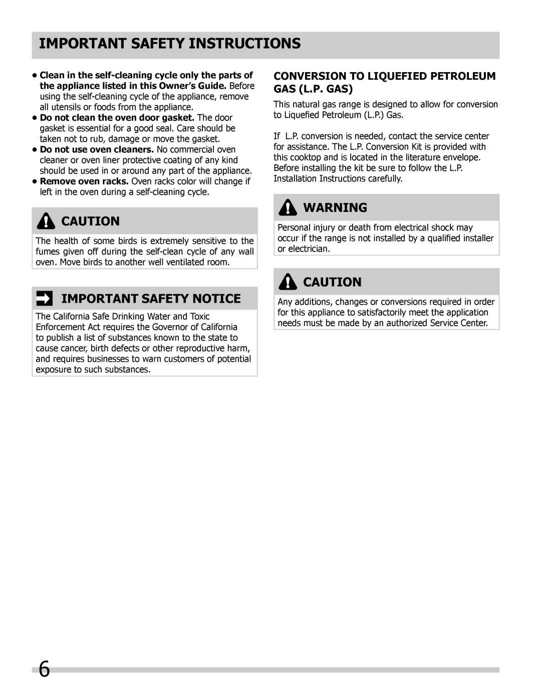 Frigidaire FPDF4085KF important safety instructions Important Safety Notice, Conversion to Liquefied Petroleum Gas L.P. Gas 