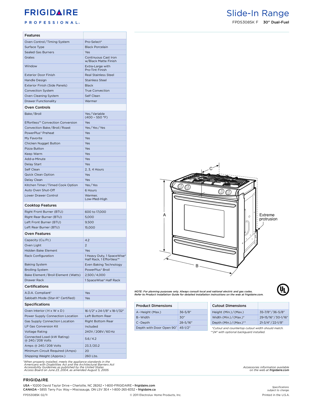 Frigidaire FPDS3085K F dimensions Extreme, Features 