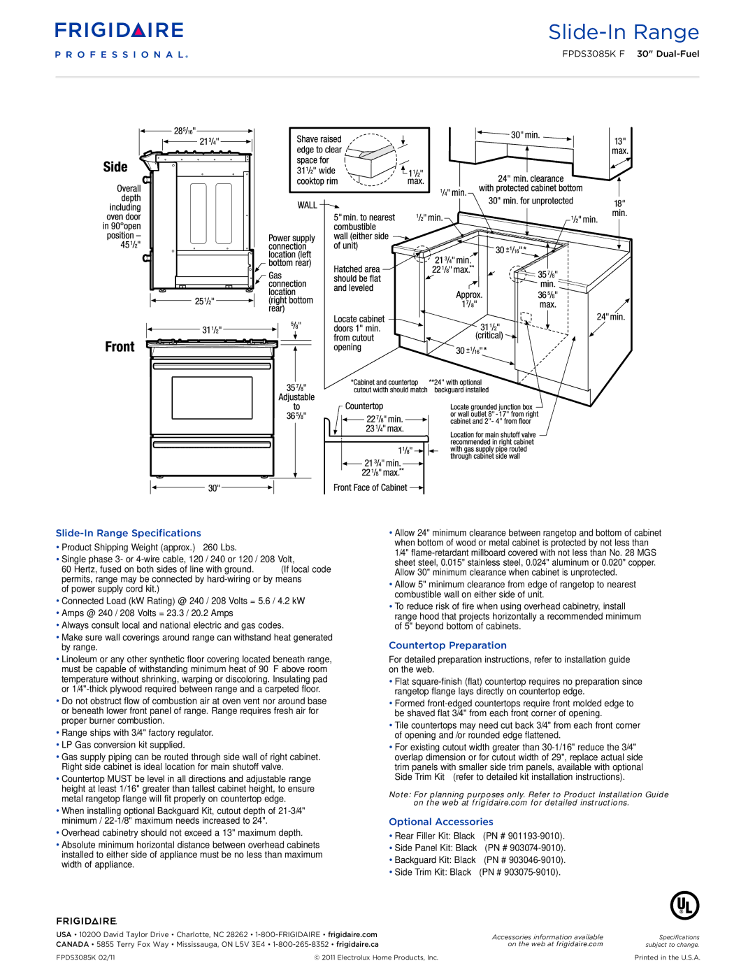 Frigidaire FPDS3085K F dimensions Slide-In Range Specifications, Countertop Preparation, Optional Accessories 