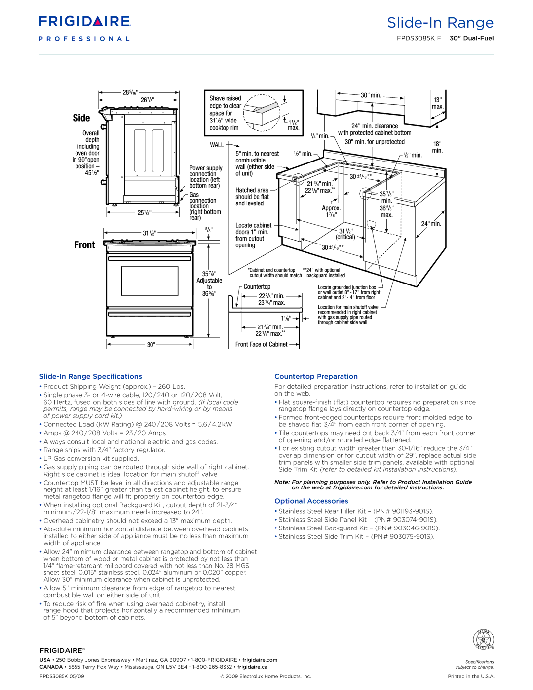 Frigidaire FPDS3085K F dimensions Slide-In Range Specifications, Countertop Preparation, Optional Accessories 