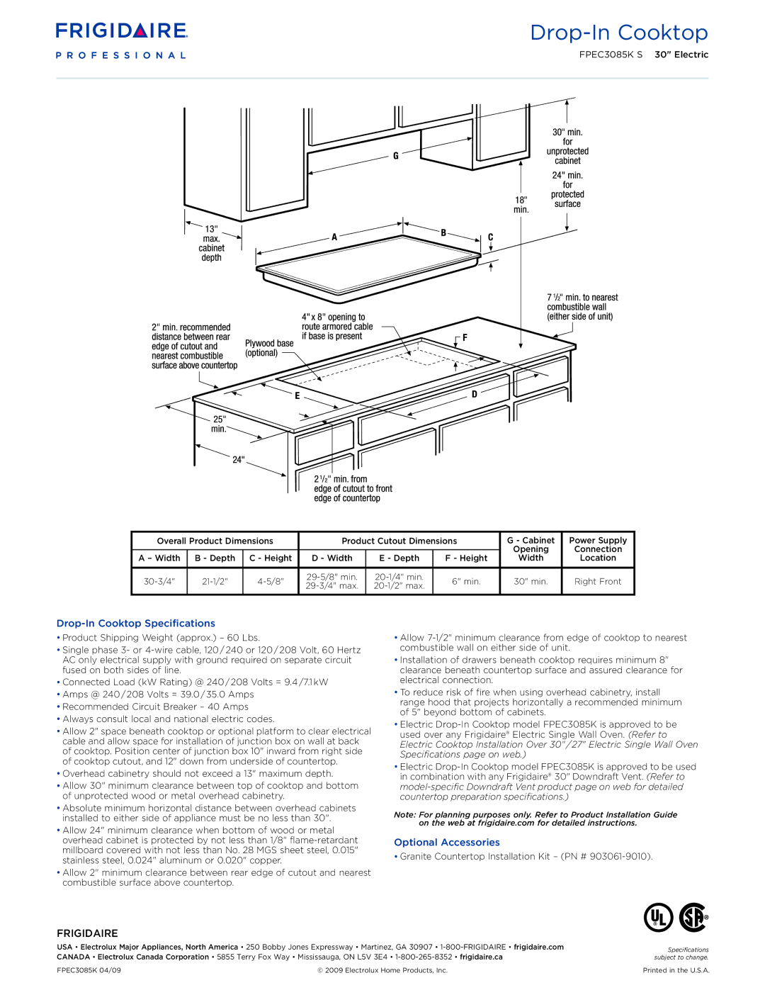 Frigidaire FPEC3085KS dimensions Drop-In Cooktop Specifications, Optional Accessories, Frigidaire 