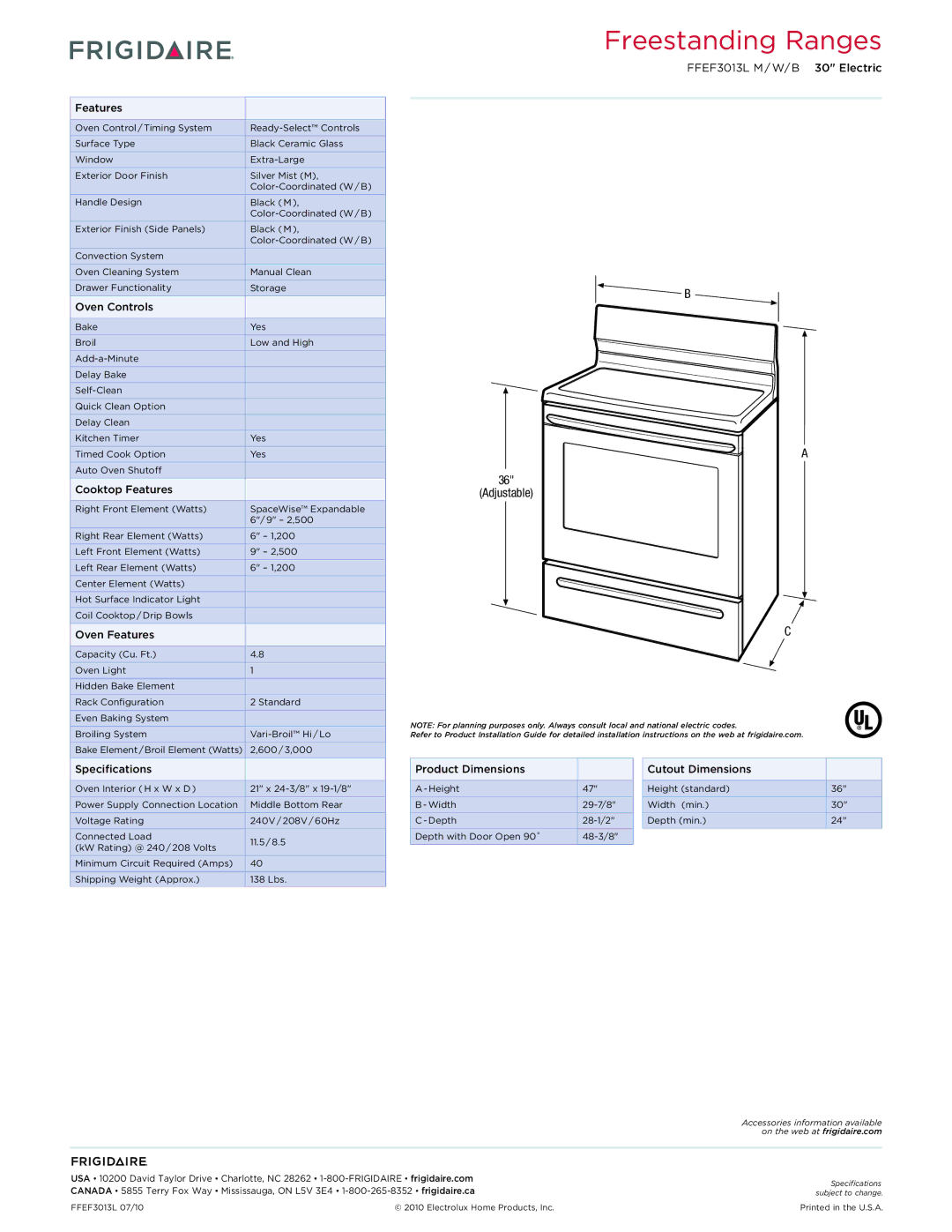 Frigidaire FPEC3085K dimensions Oven Controls, Cooktop Features, Oven Features, Specifications 