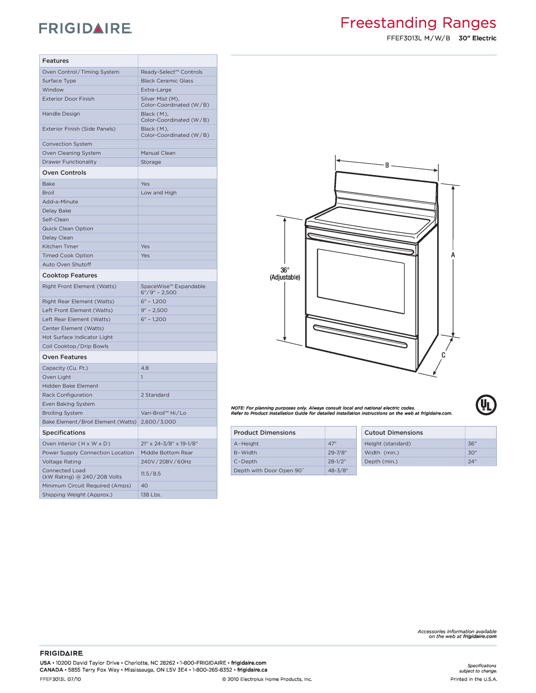 Frigidaire FPEC3085K dimensions Freestanding Ranges, FFEF3013L M / W/ B 30 Electric, Oven Controls, Cooktop Features 