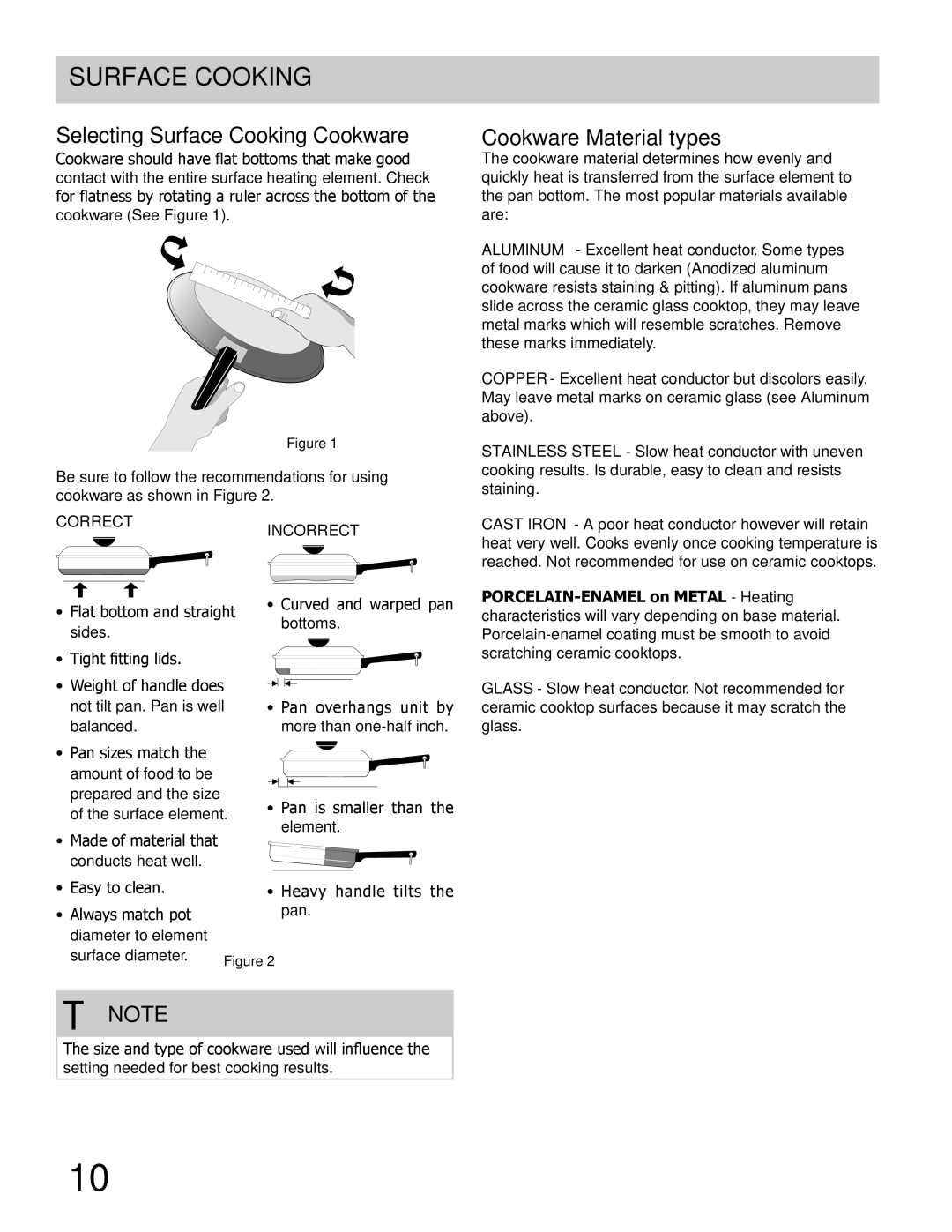 Frigidaire FPEC3685KS, FPEC3085KS Selecting Surface Cooking Cookware, Cookware Material types, Correctincorrect 