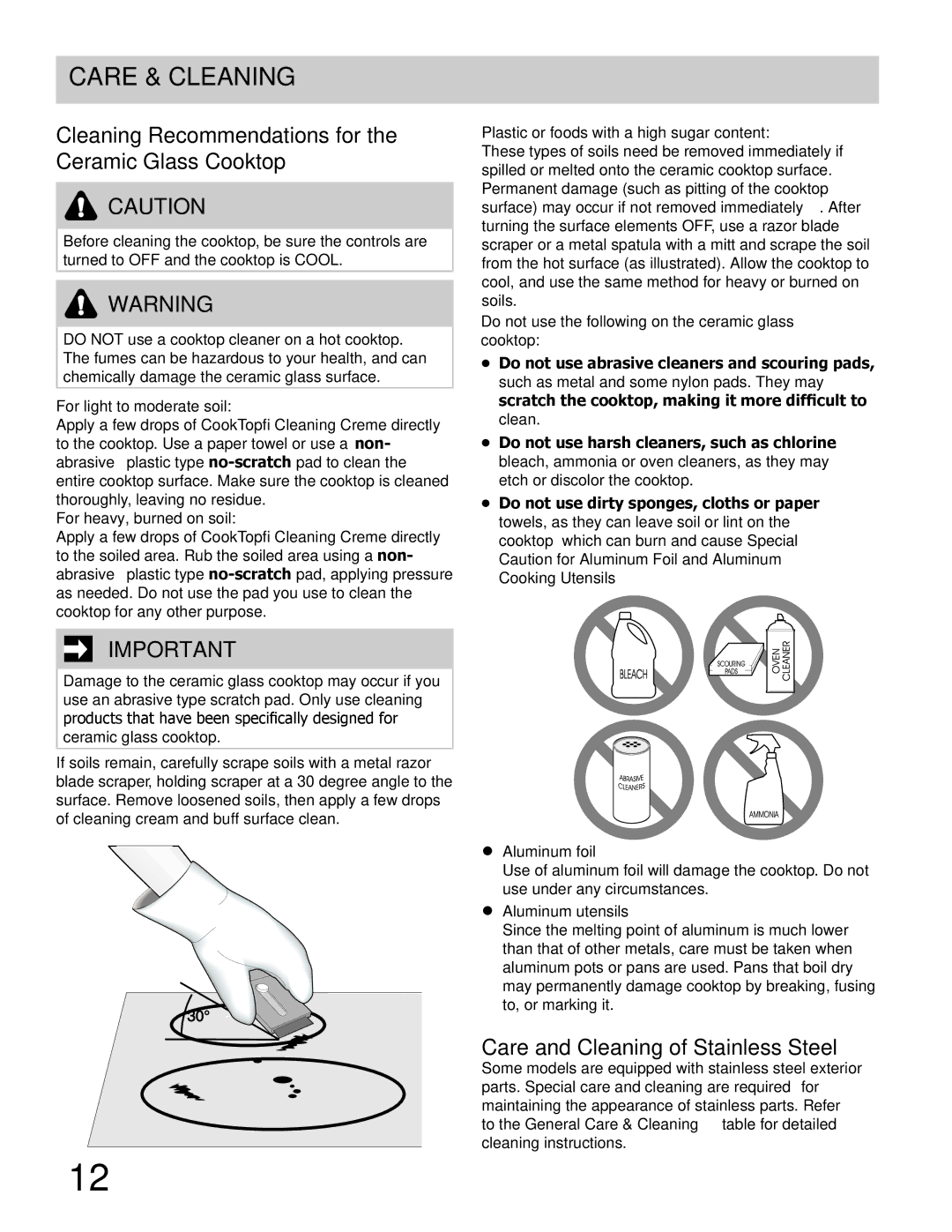 Frigidaire FPEC3085KS Cleaning Recommendations for the Ceramic Glass Cooktop, Care and Cleaning of Stainless Steel 