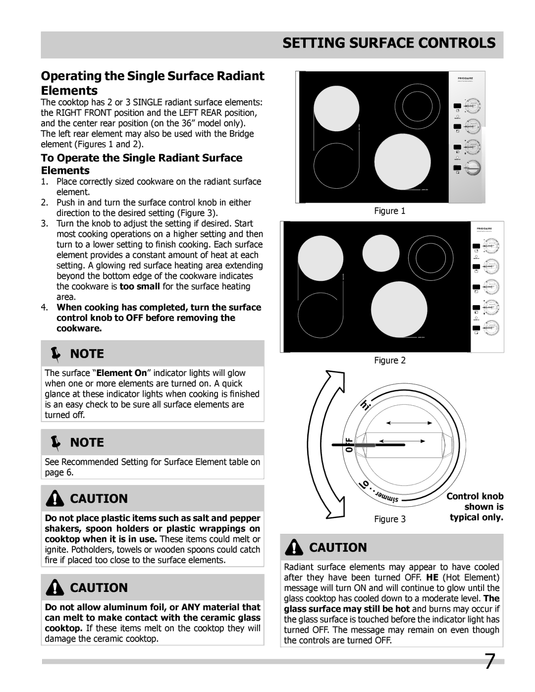 Frigidaire FPEC3685KS Operating the Single Surface Radiant Elements, To Operate the Single Radiant Surface Elements 