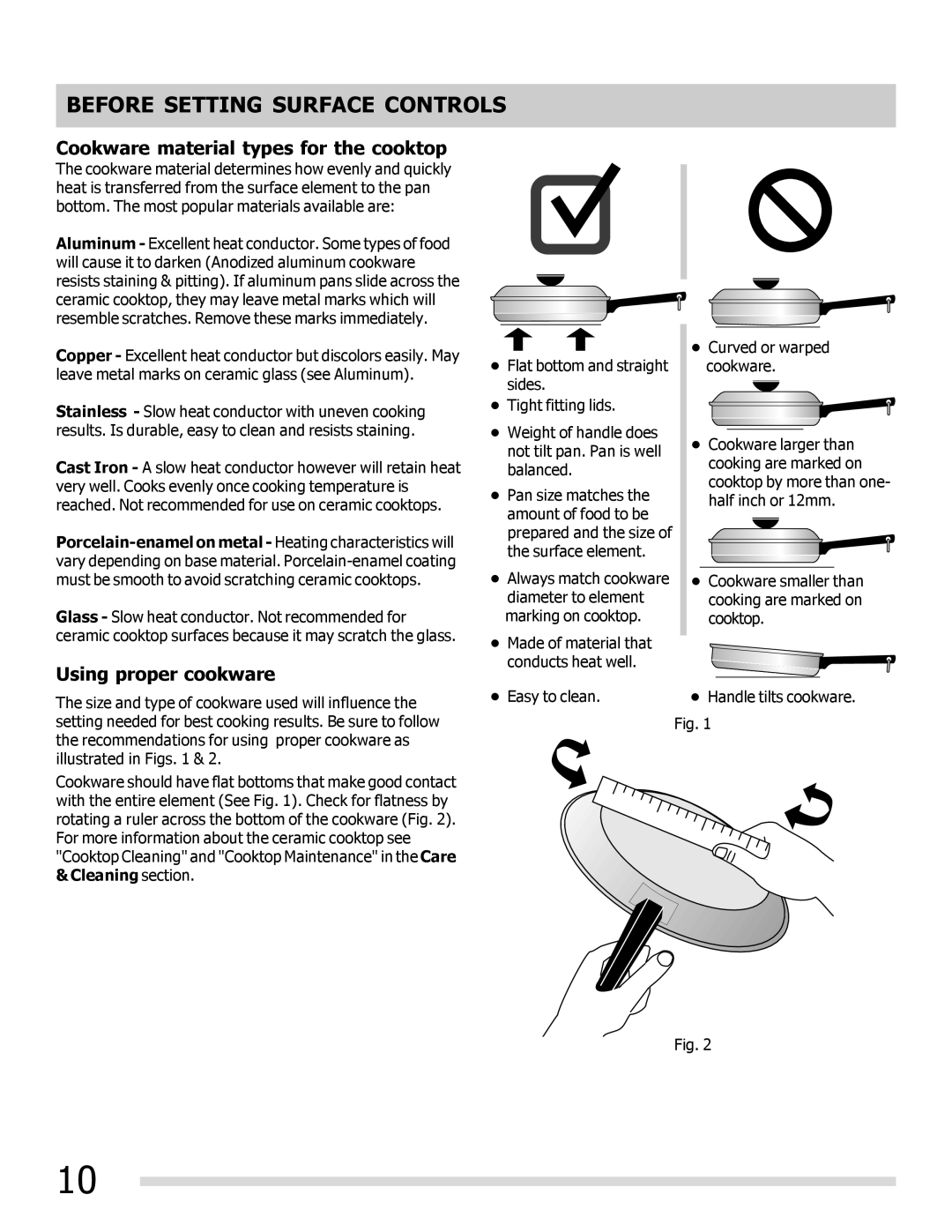 Frigidaire FPEF3081MF Before Setting Surface Controls, Cookware material types for the cooktop, Using proper cookware 