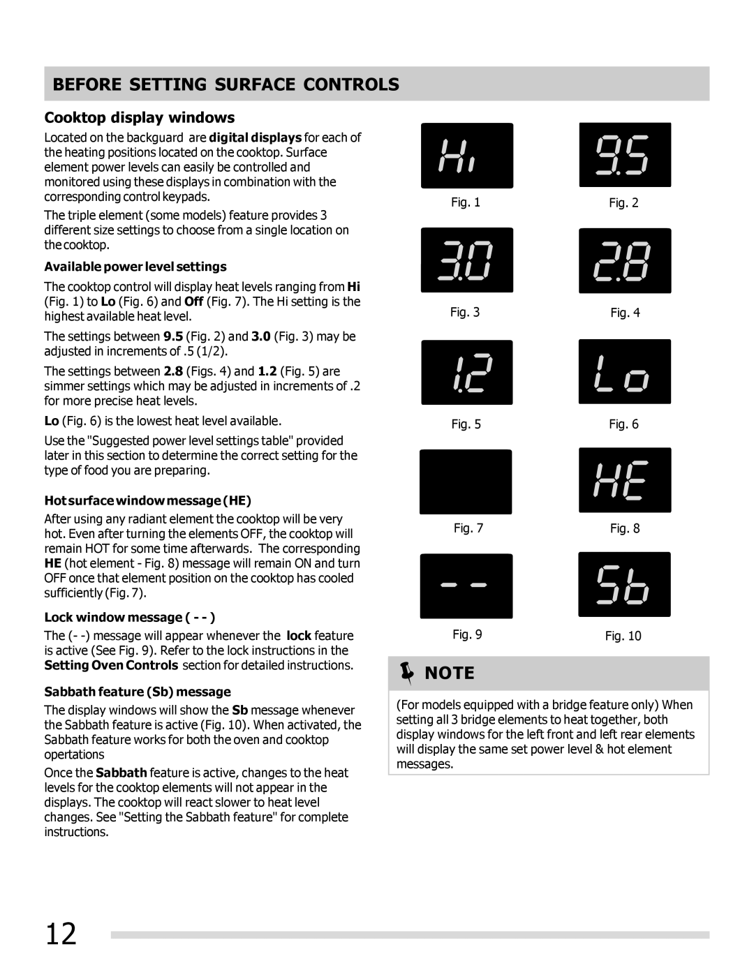 Frigidaire FPEF3081MF Cooktop display windows, Available power level settings, Hot surface window message HE 