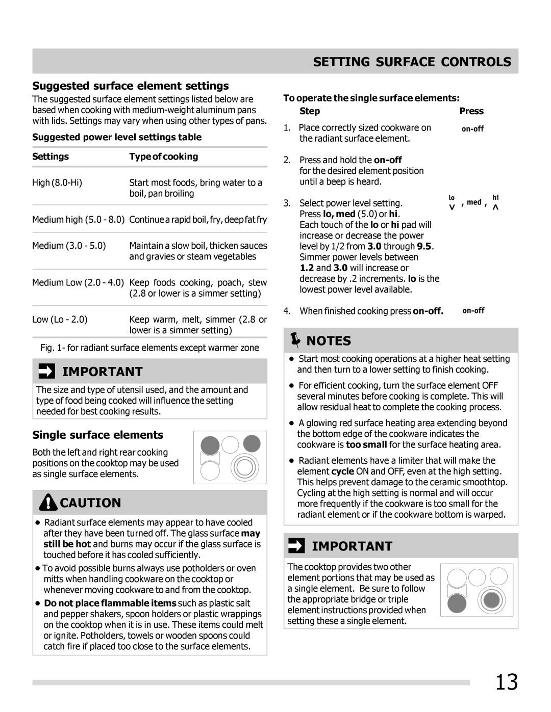 Frigidaire FPEF3081MF Setting Surface Controls, Suggested surface element settings, Single surface elements 