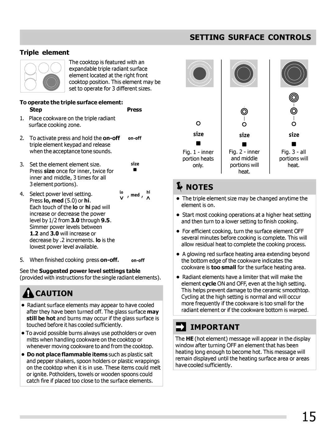 Frigidaire FPEF3081MF important safety instructions Triple element, To operate the triple surface element Step Press 