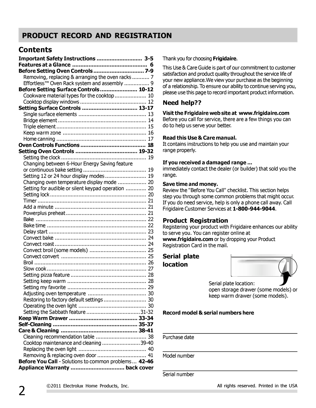 Frigidaire FPEF3081MF important safety instructions Product Record and Registration, Contents 