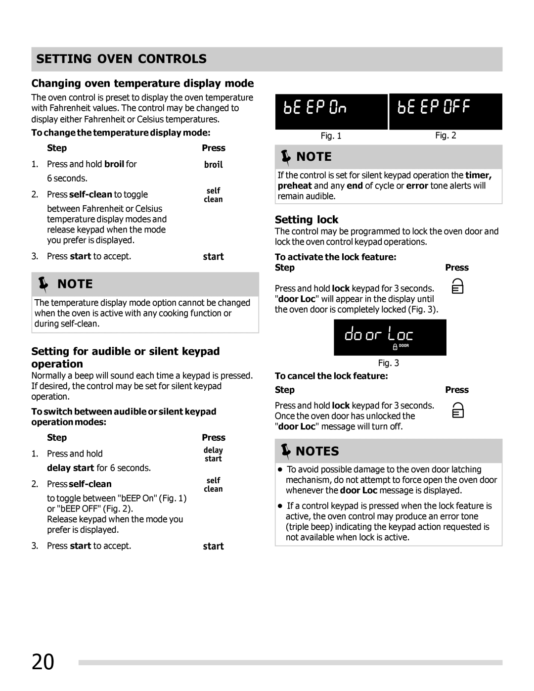 Frigidaire FPEF3081MF Changing oven temperature display mode, Setting for audible or silent keypad operation, Setting lock 