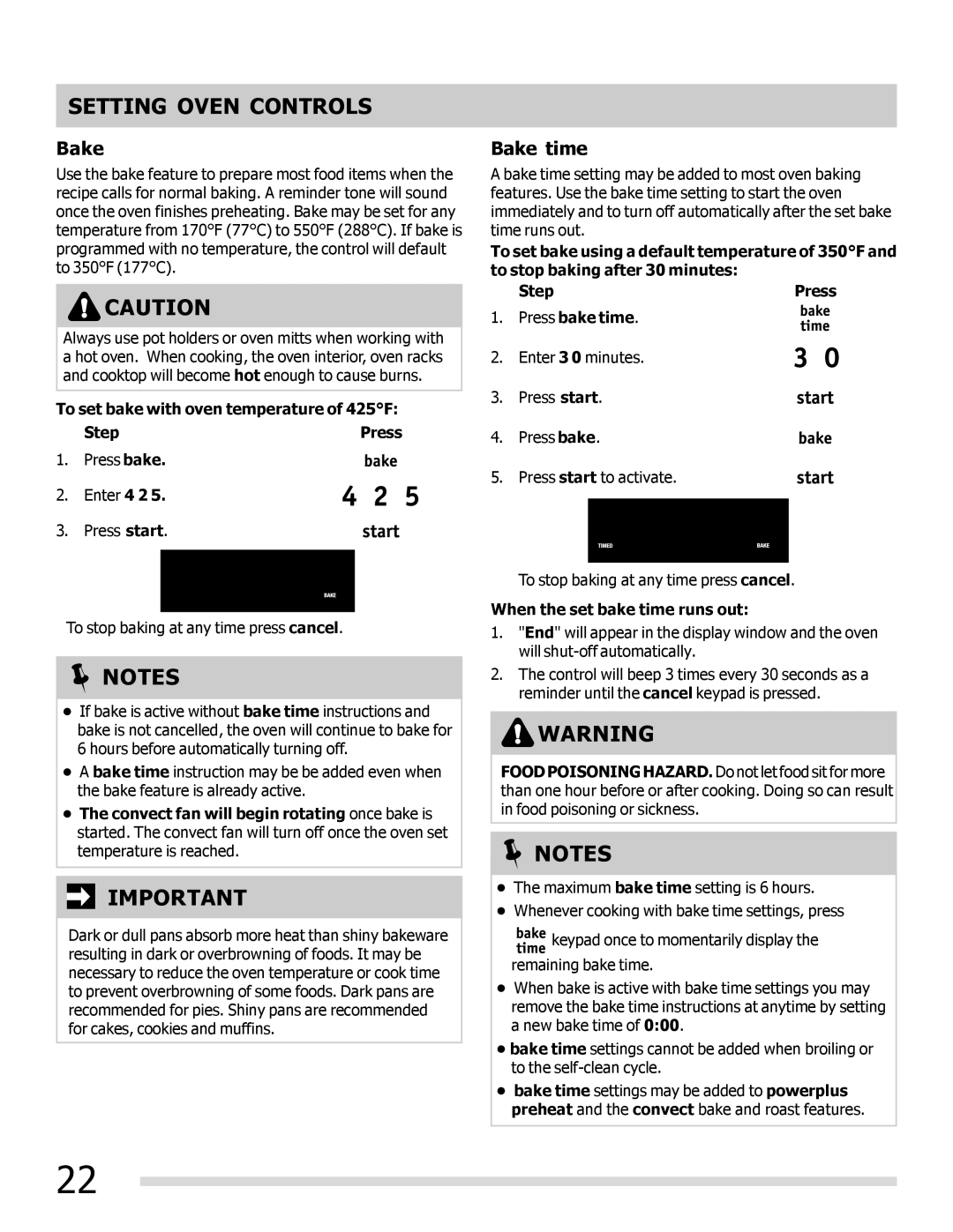 Frigidaire FPEF3081MF Bake time, To set bake with oven temperature of 425F Step Press, When the set bake time runs out 