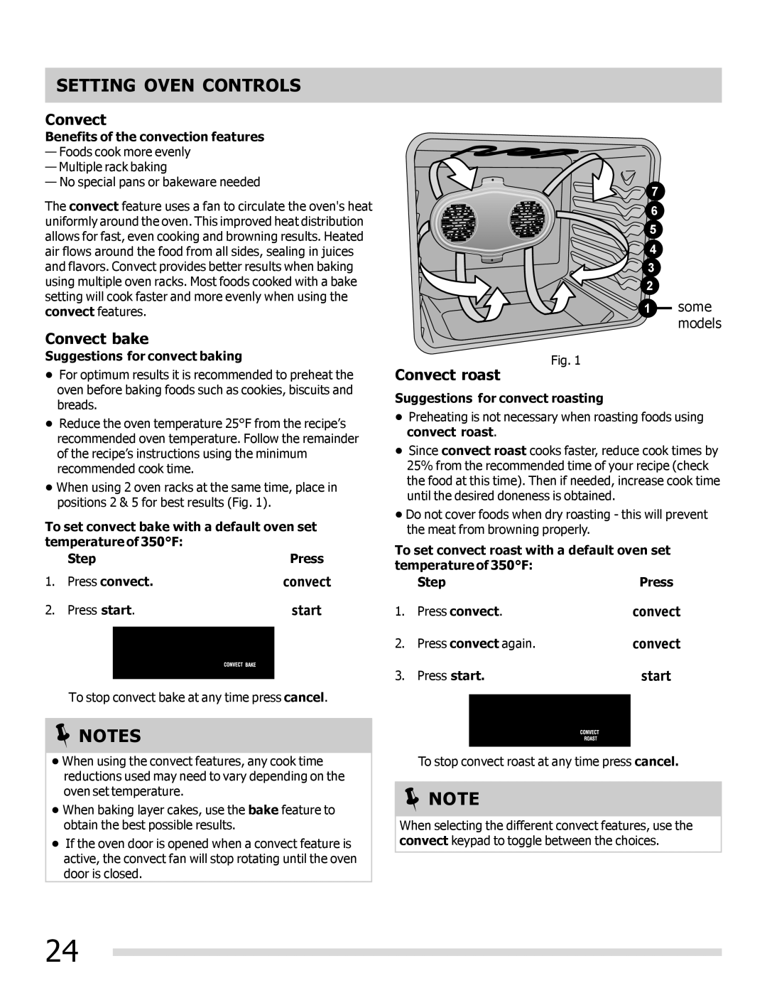 Frigidaire FPEF3081MF important safety instructions Convect bake, Convect roast 