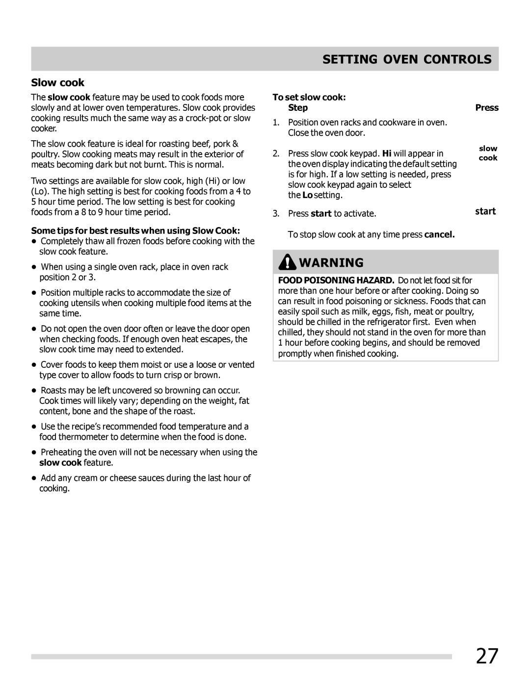 Frigidaire FPEF3081MF Slow cook, Some tips for best results when using Slow Cook, To set slow cook Step Press 