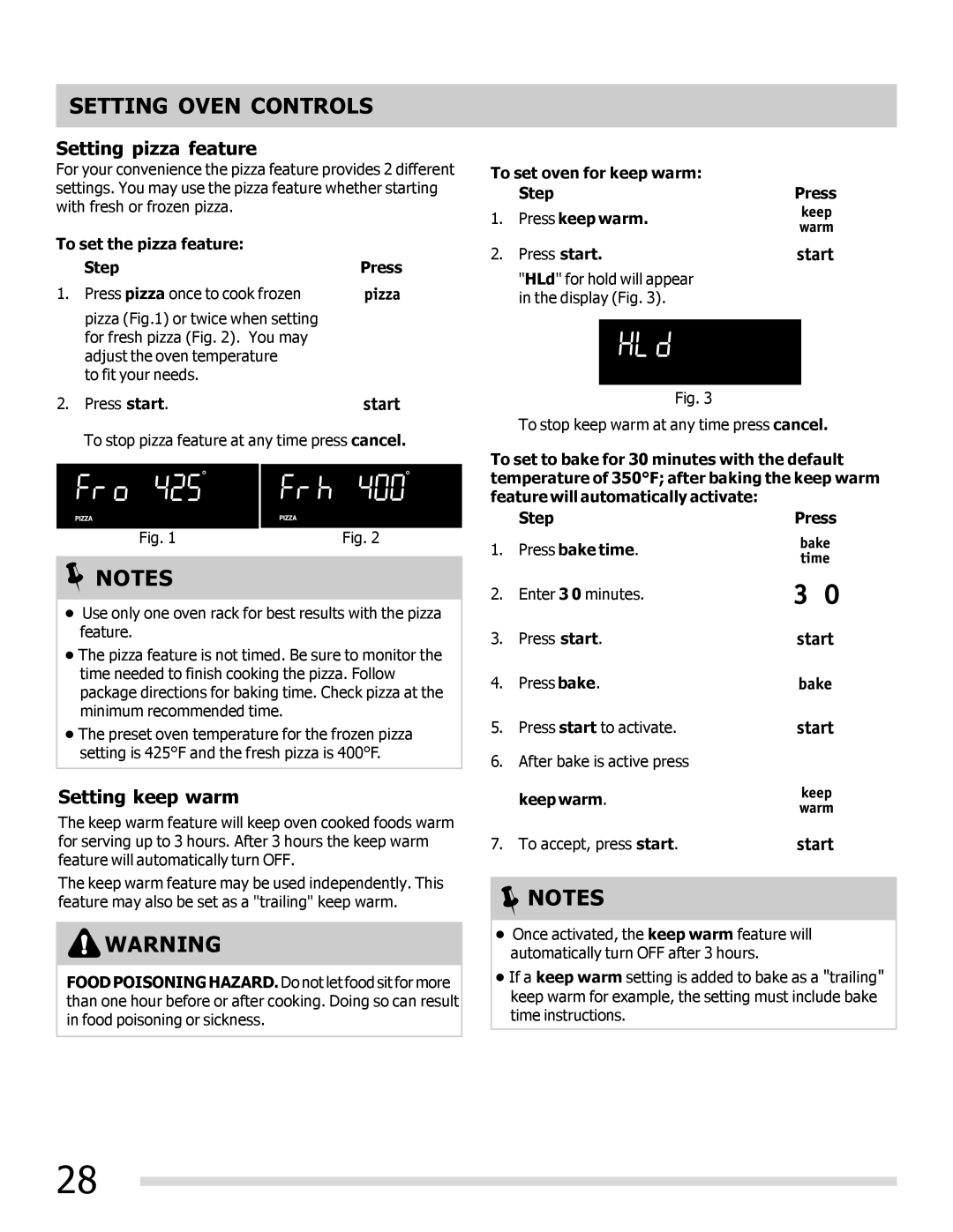 Frigidaire FPEF3081MF Setting pizza feature, Setting keep warm, To set the pizza feature Step Press 